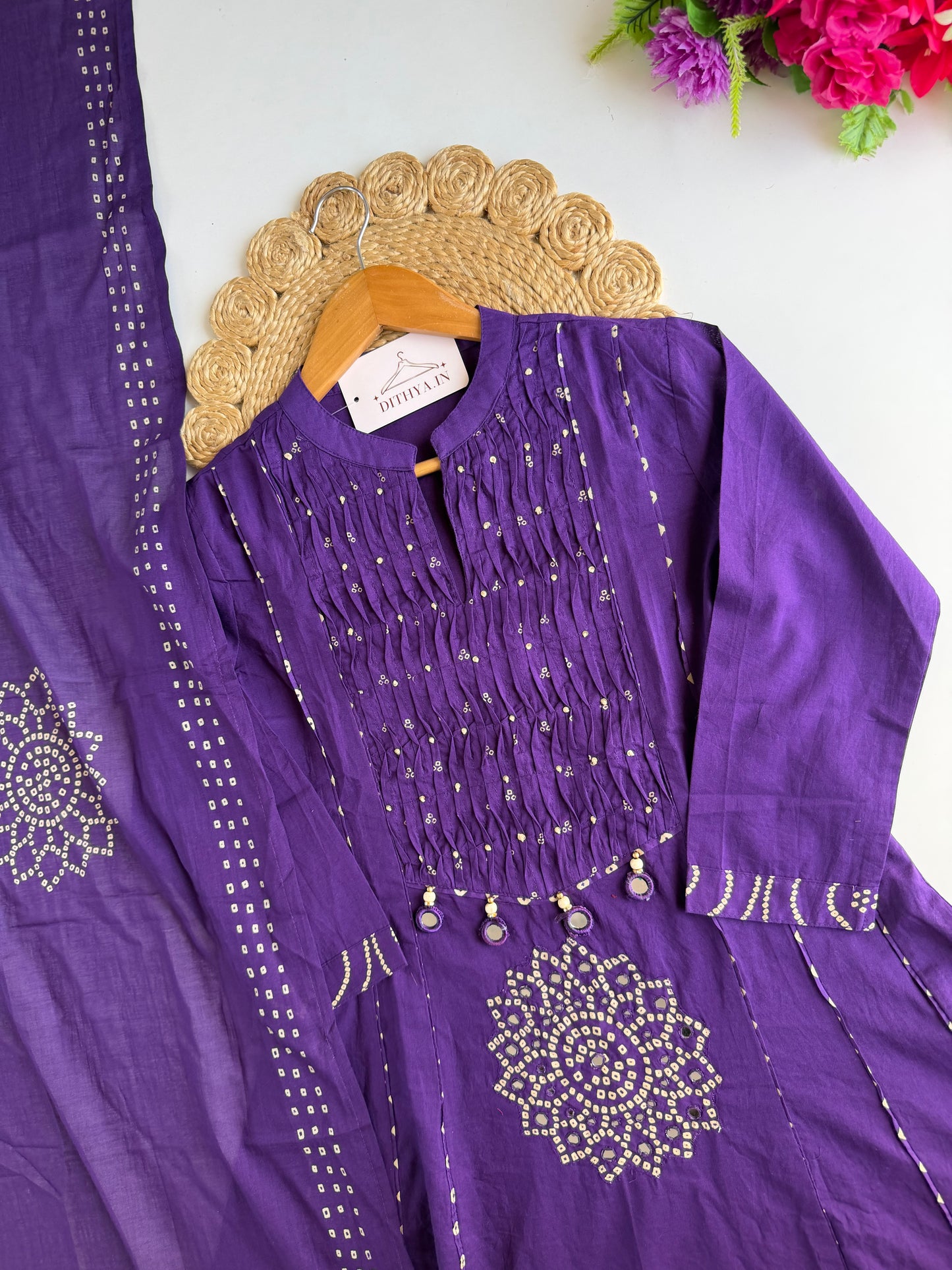 K273 - Mul cotton mirror work Anarkali with pants and dupatta in 4 colours