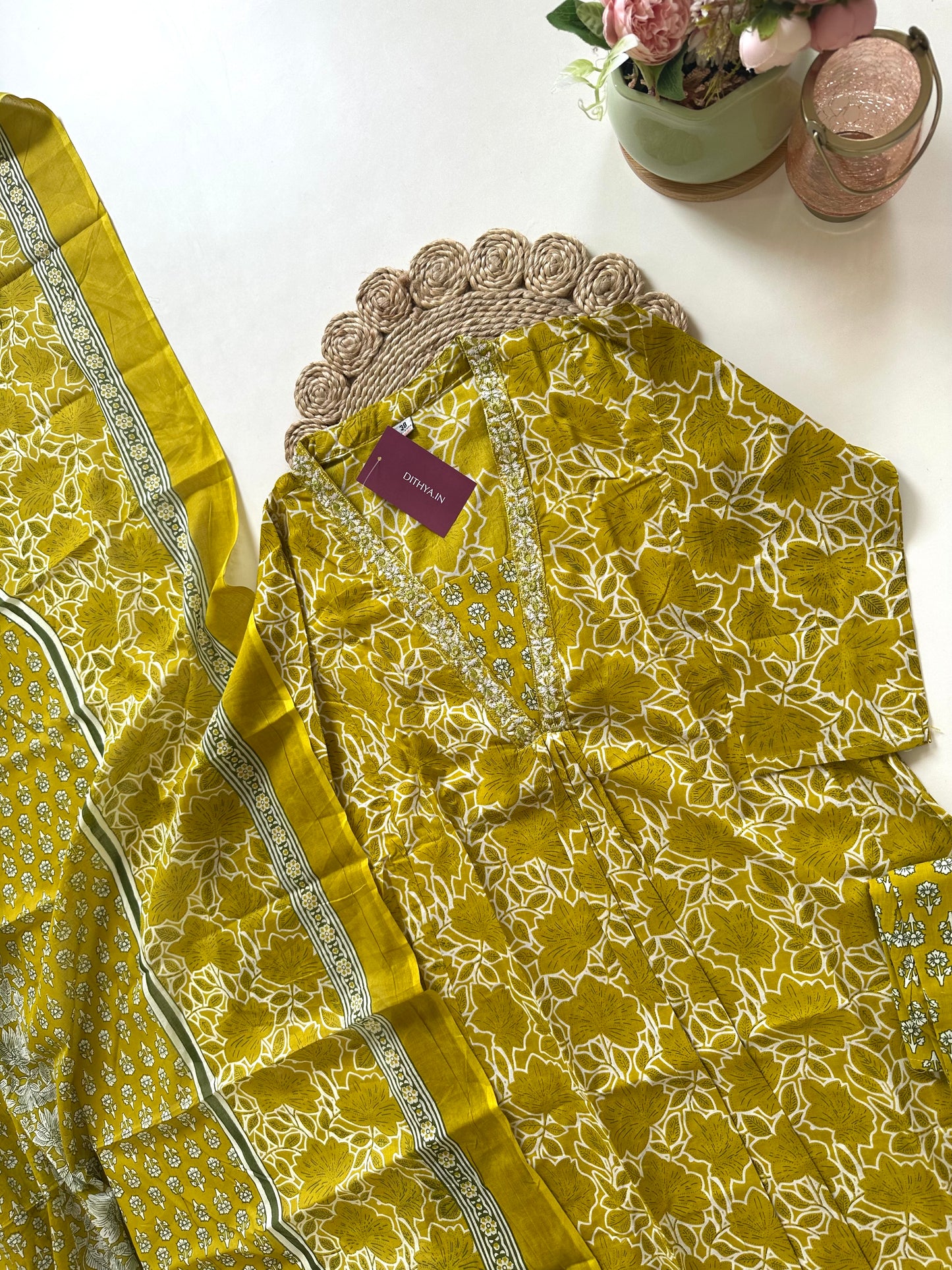 K157 - Cotton printed Aline Kurti with pants and dupatta in 2 colours .