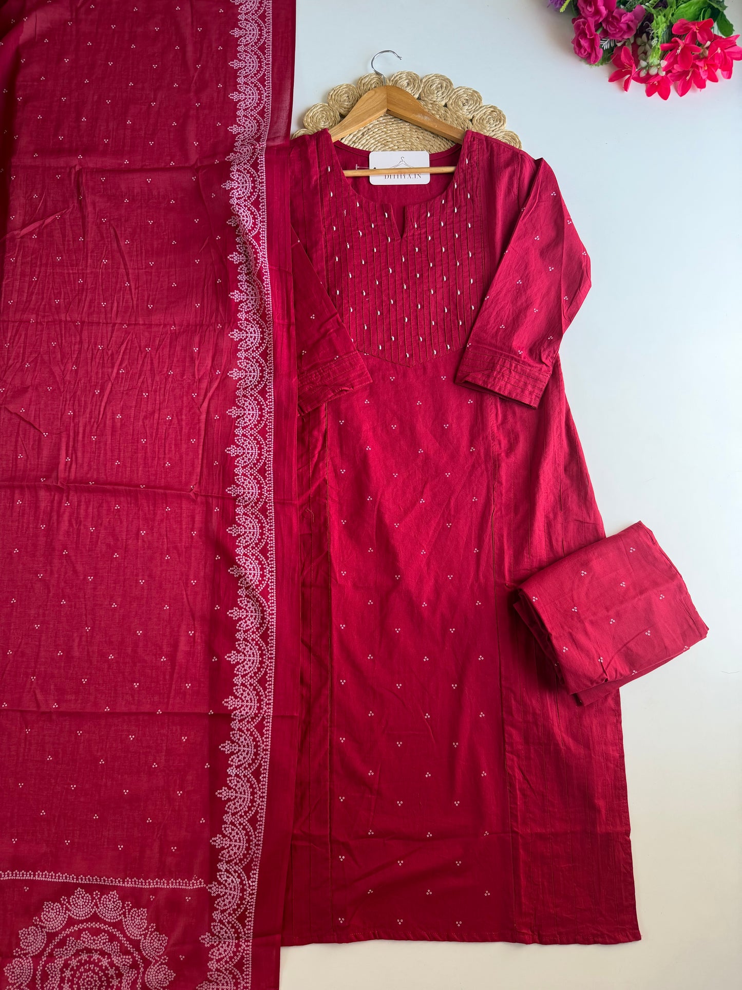K711 - Mul cotton embroidered straight Kurti with pants and dupatta