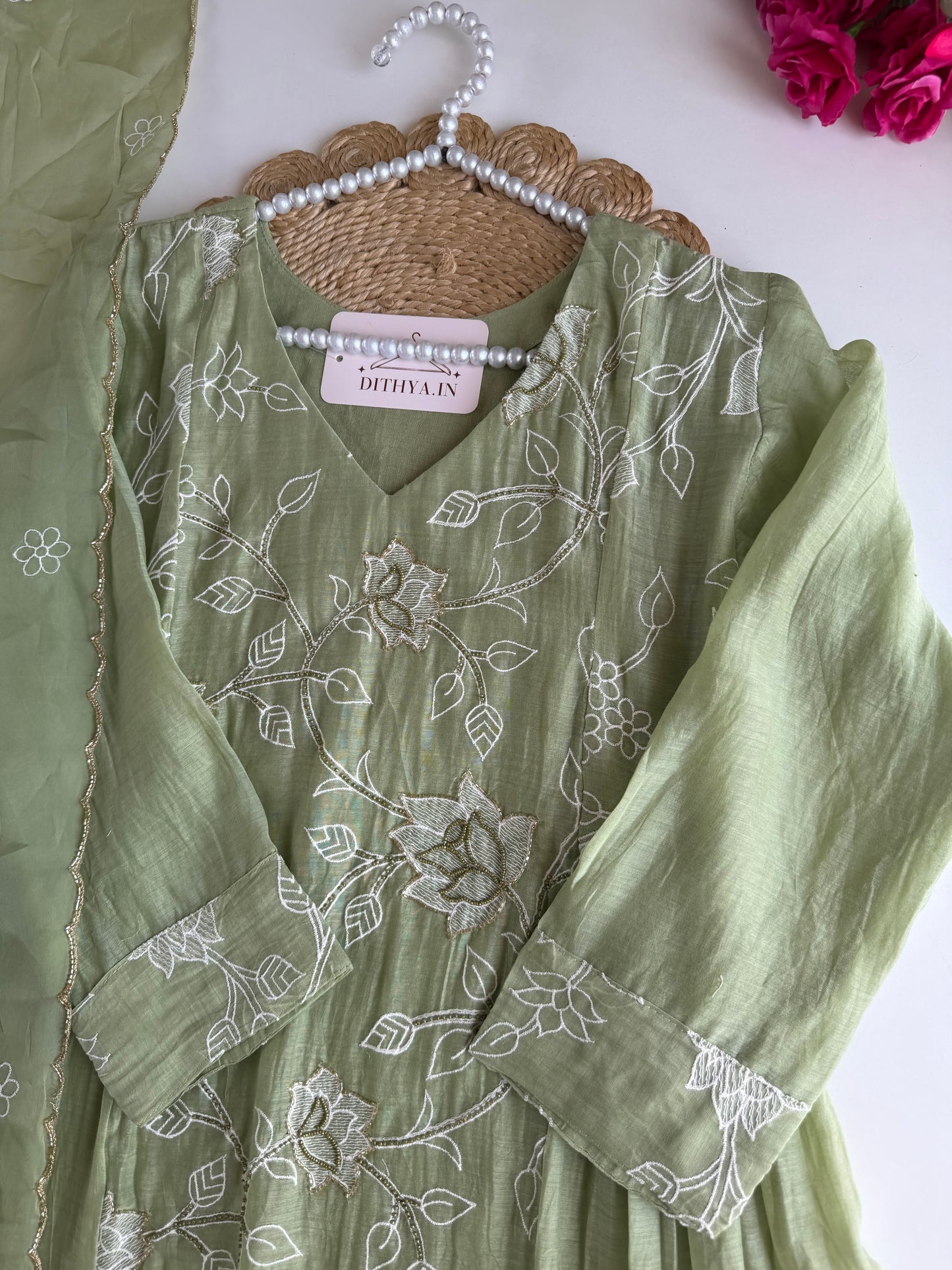 K735 - Mul chanderi embroidered Anarkali with pants and dupatta in 2 colours
