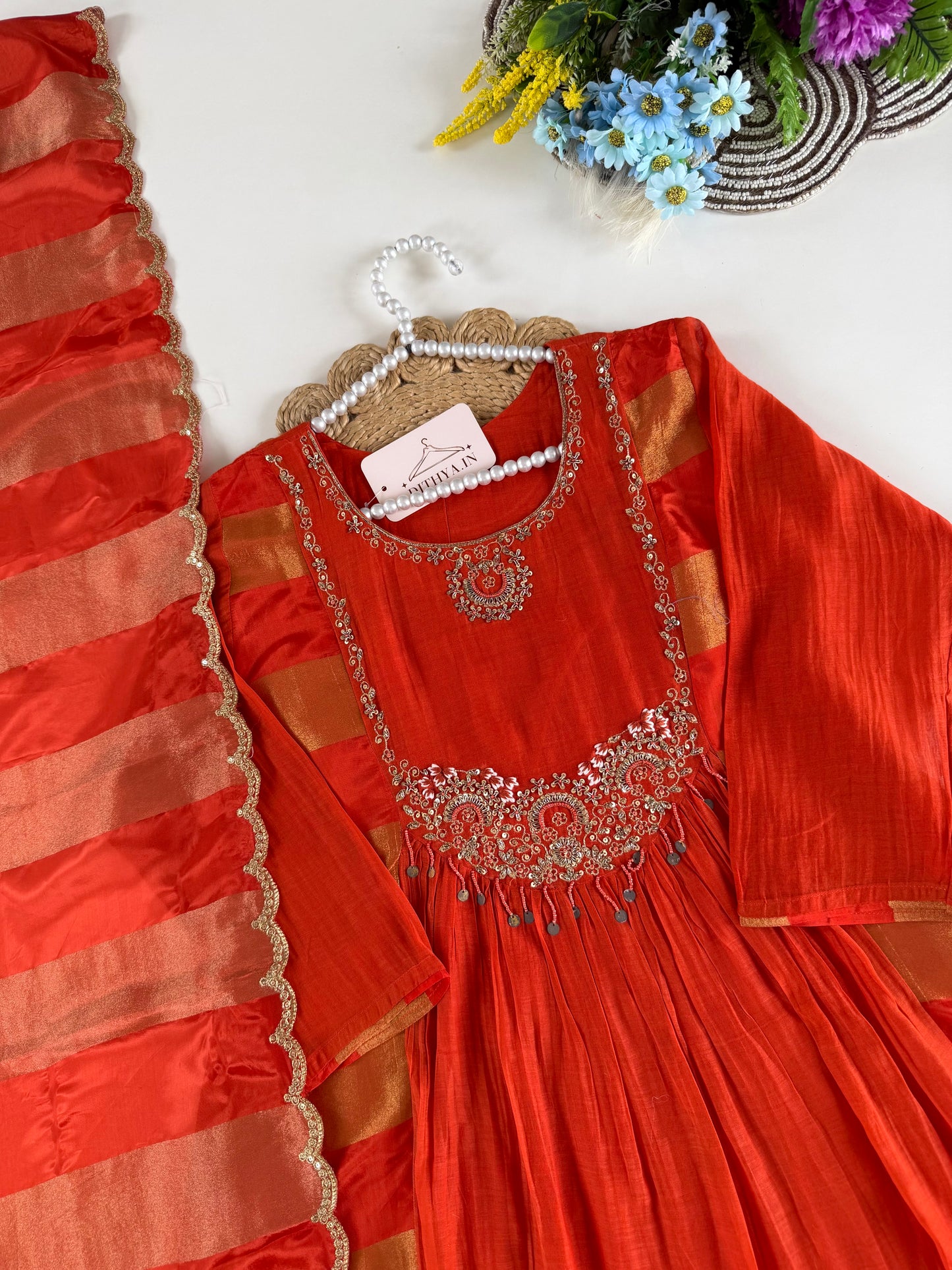 K165 - Mul chanderi handwork aline Kurti with pants and dupatta