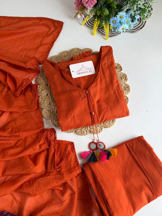 K686 - Cotton appliqué Aline Kurti with pants and dupatta