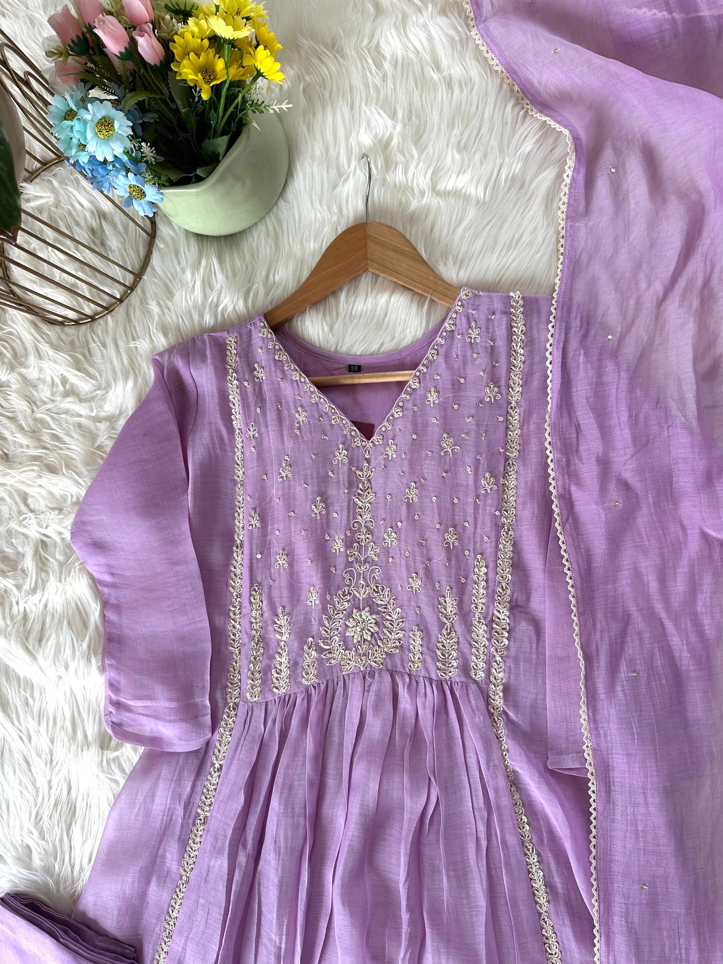 K373 - Mul Chanderi handwork Anarkali with pants and dupatta