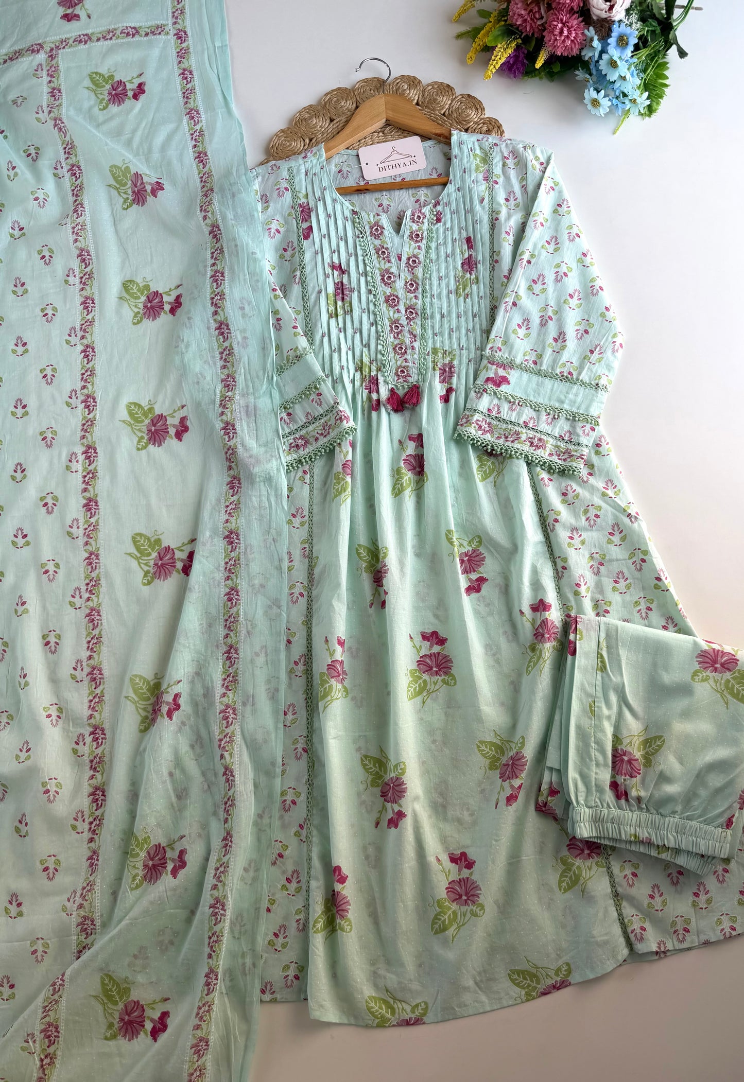 K059 - Mul cotton embroidered Anarkali with pants and dupatta