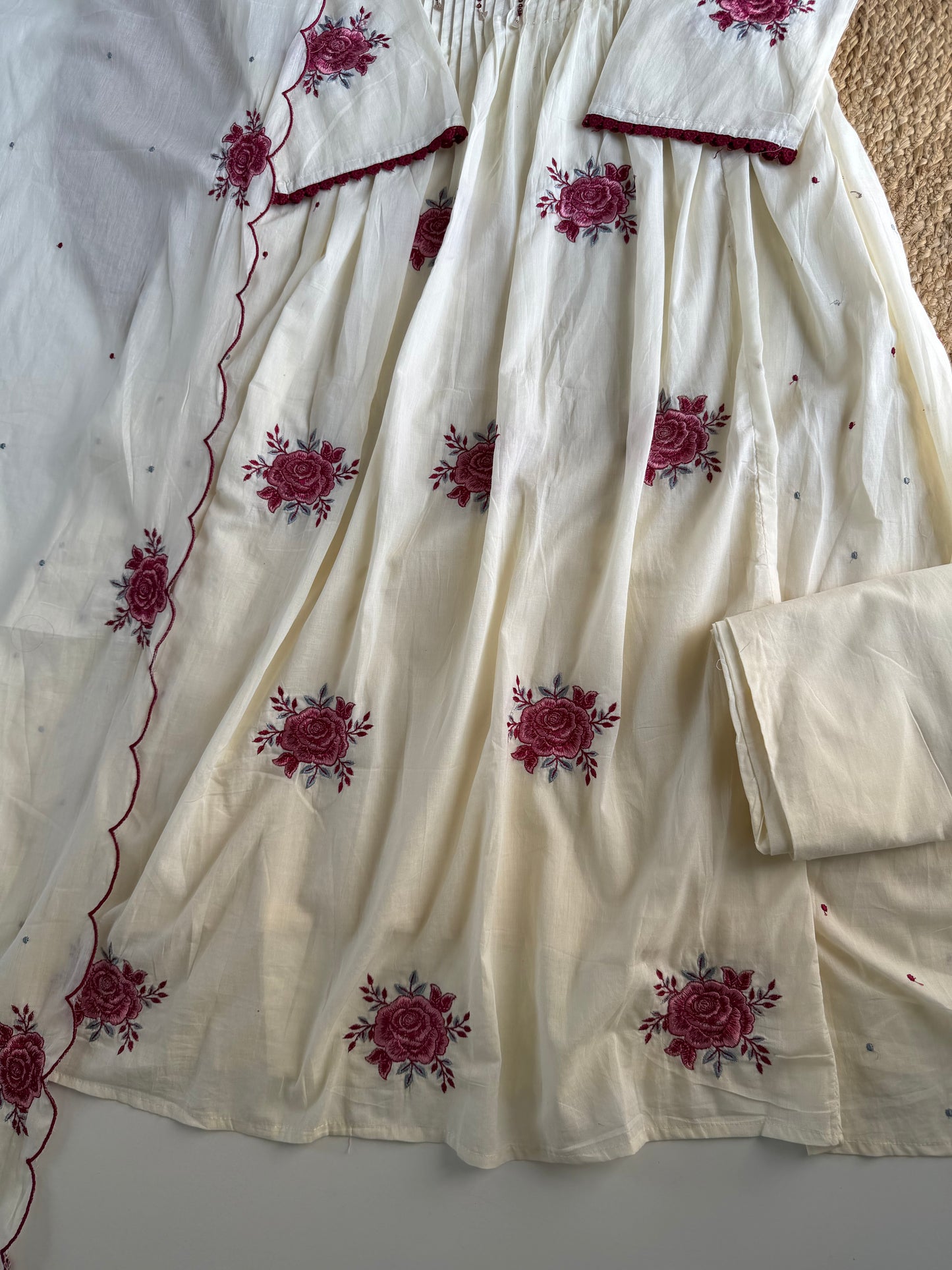 K333 - Mul cotton embroidered Anarkali with pants and dupatta