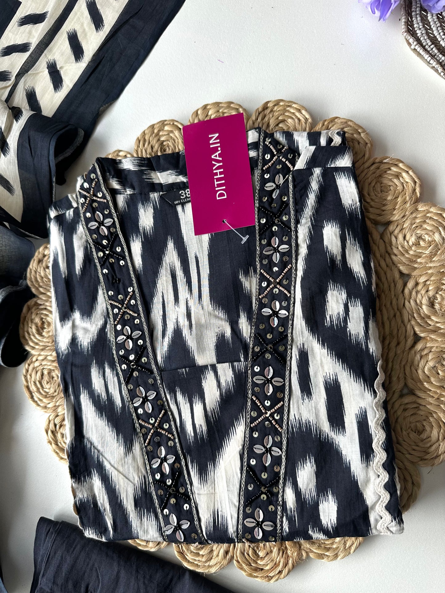 K108 - Mul cotton ikkat straight Kurti with pants and dupatta
