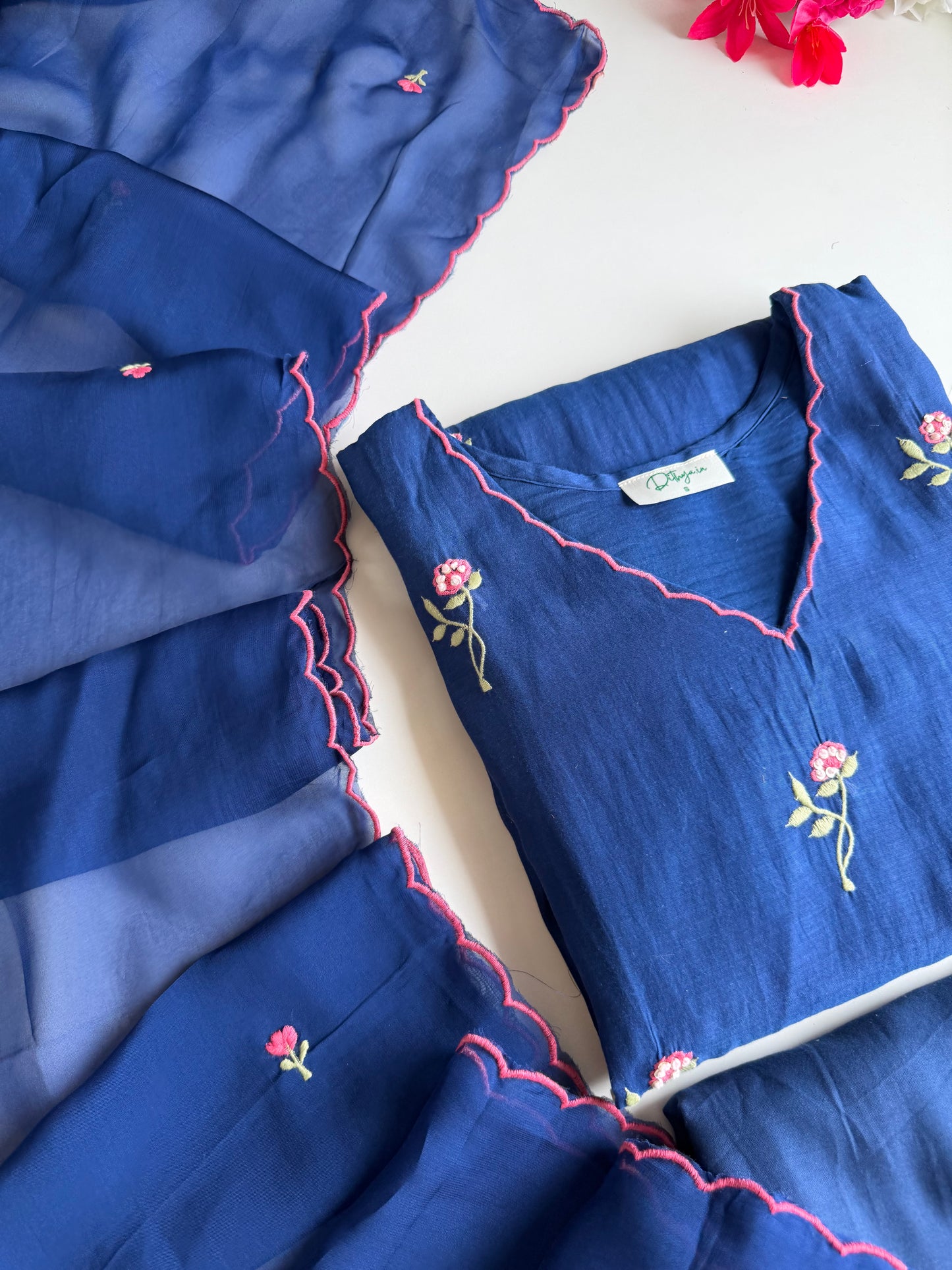 K087 - Mul chanderi embroidered Aline Kurti with pants and dupatta