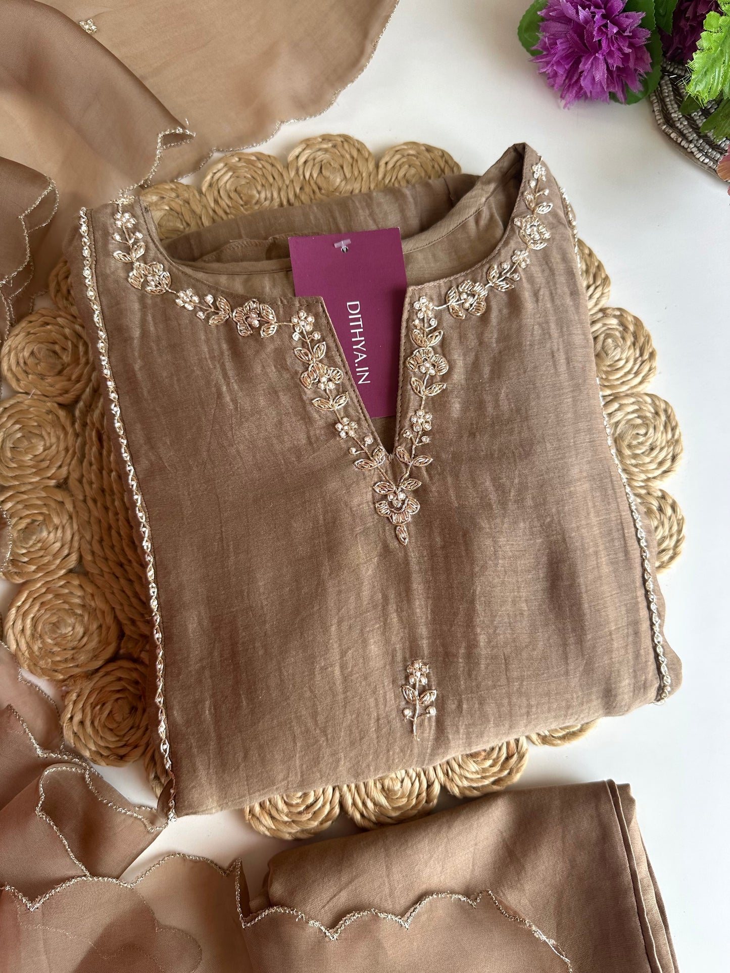 K160 - Mul Chanderi handwork Aline Kurti with pants and dupatta