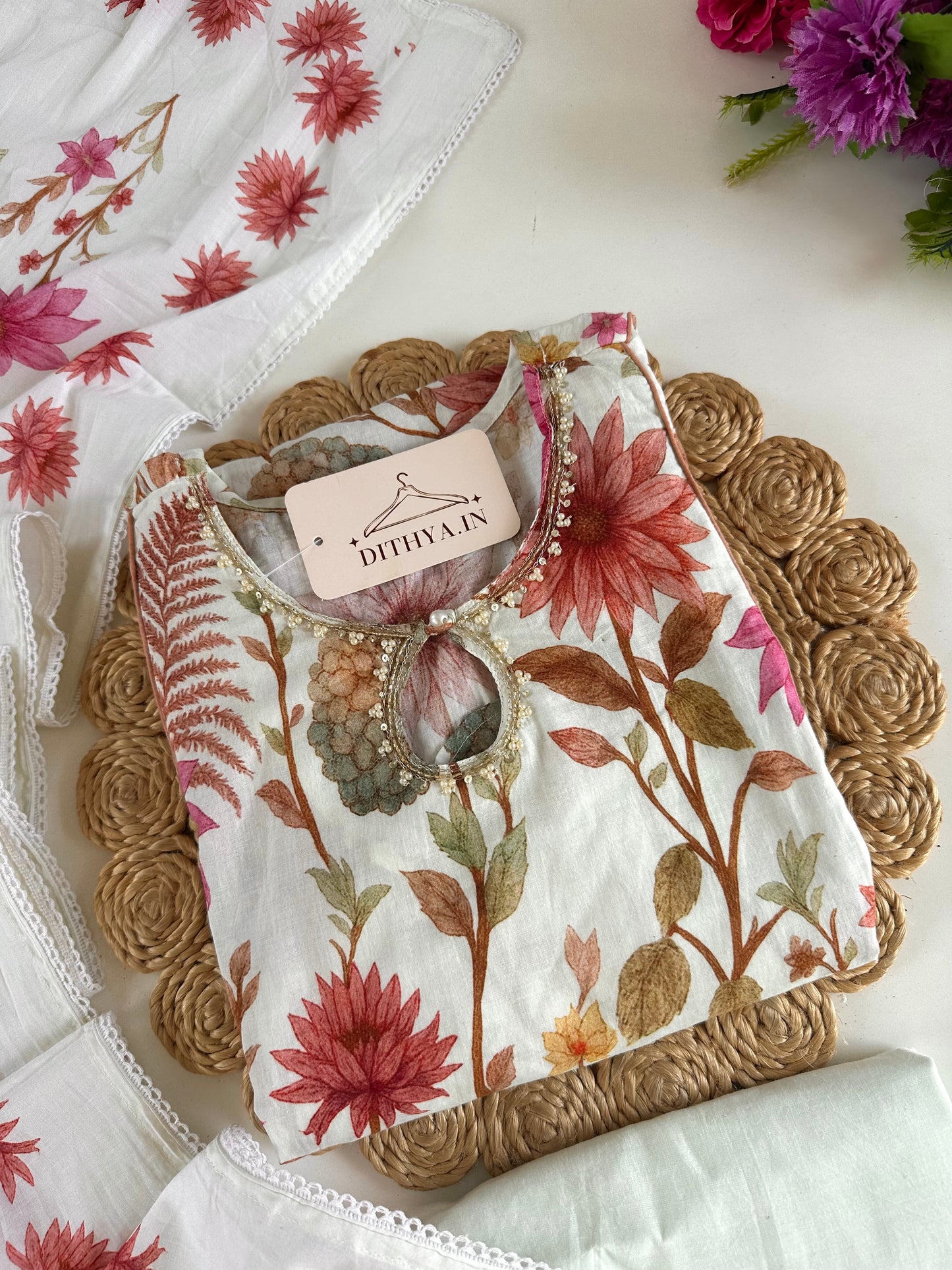 K279 - Mul cotton floral Aline Kurti with pants and dupatta