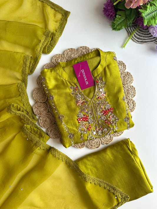 K146 - Russian silk handwork straight Kurti with pants and dupatta