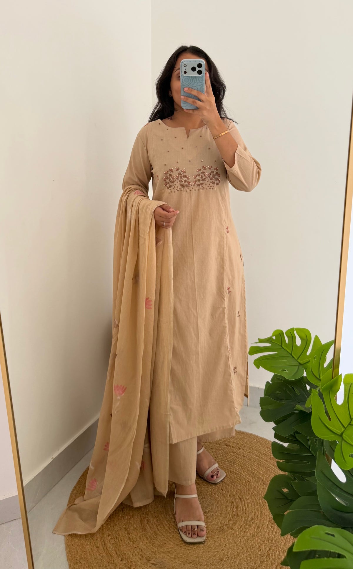 K381 - Mul cotton embroidered straight Kurti with pants and dupatta