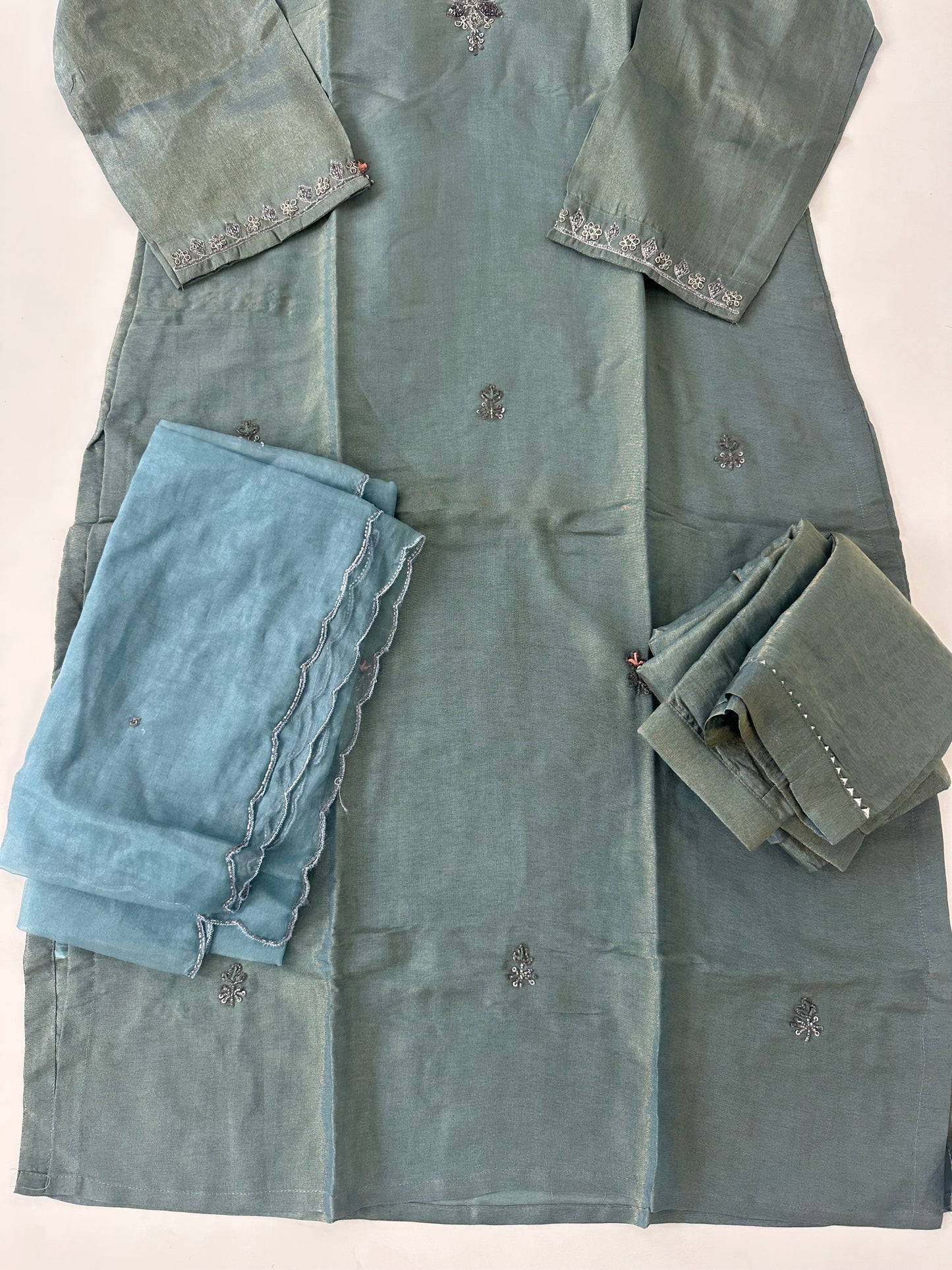 D213 - Tissue silk straight kurti with pants and dupatta