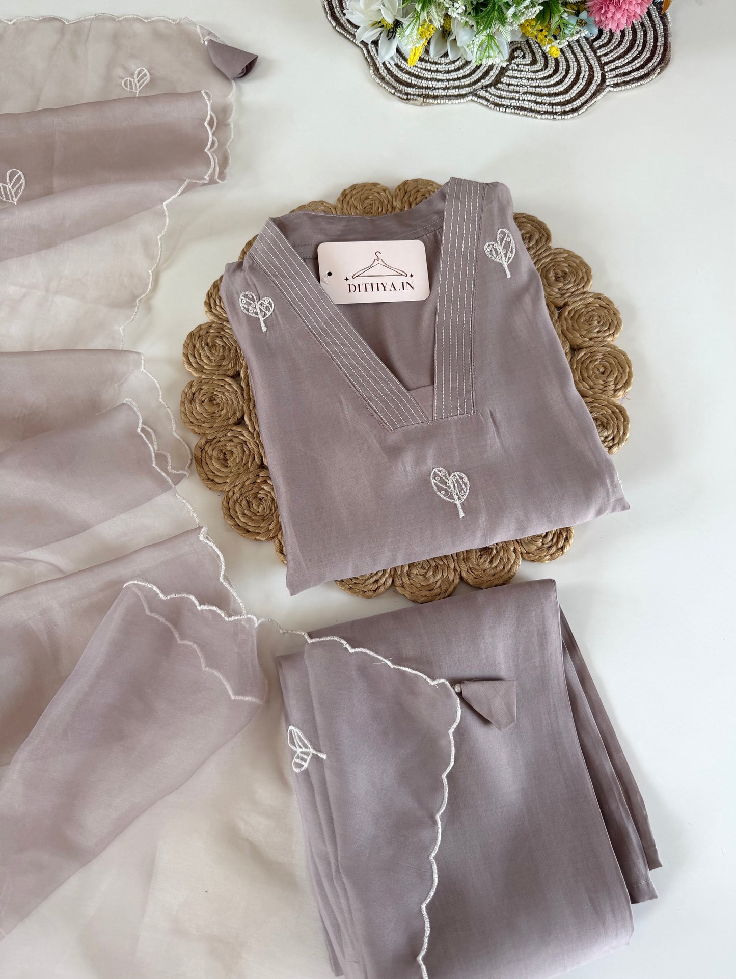 K639 - Roman silk appliqué work straight Kurti with pants and dupatta