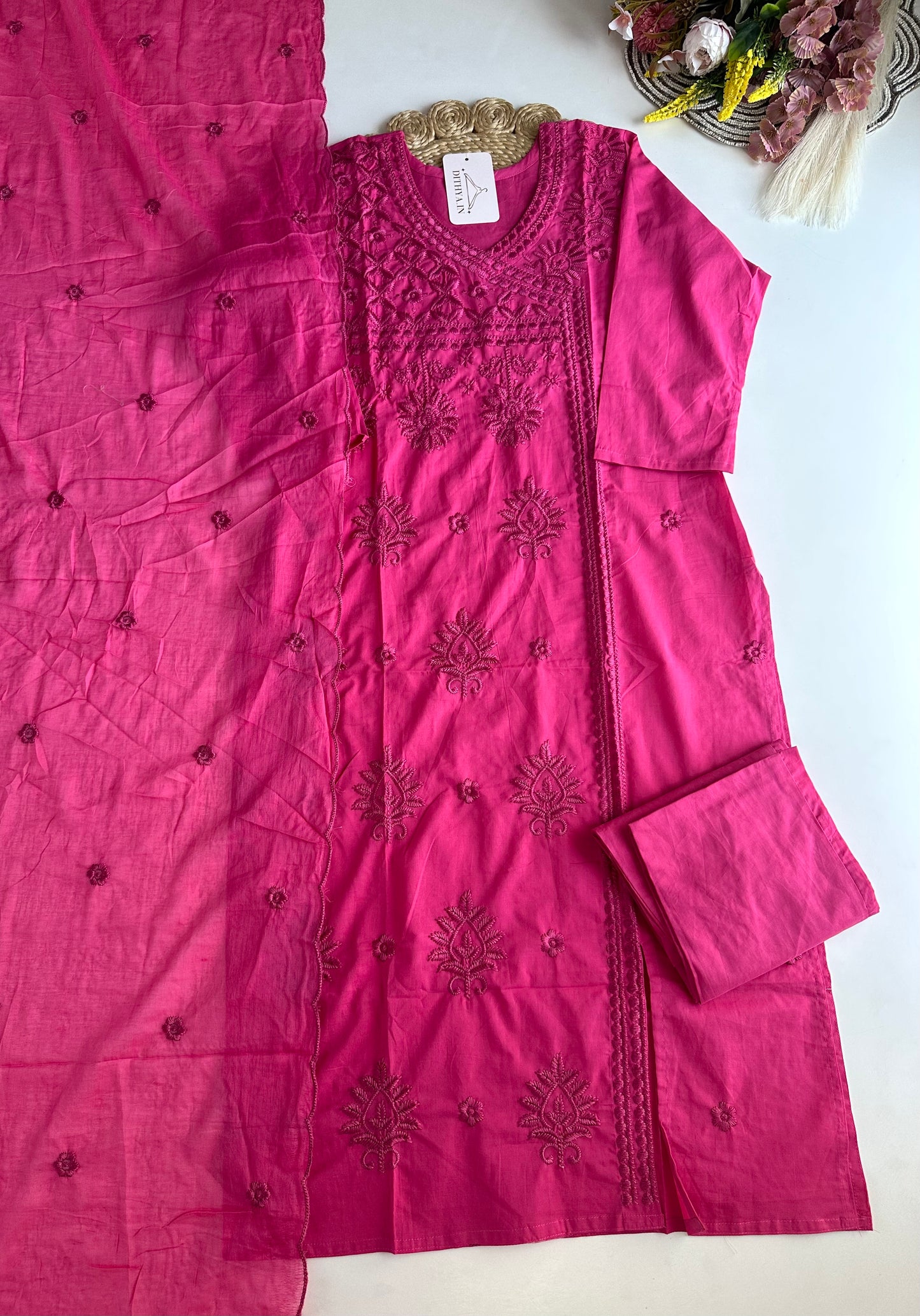 K467 - Mul cotton chikankari straight Kurti with pants and dupatta