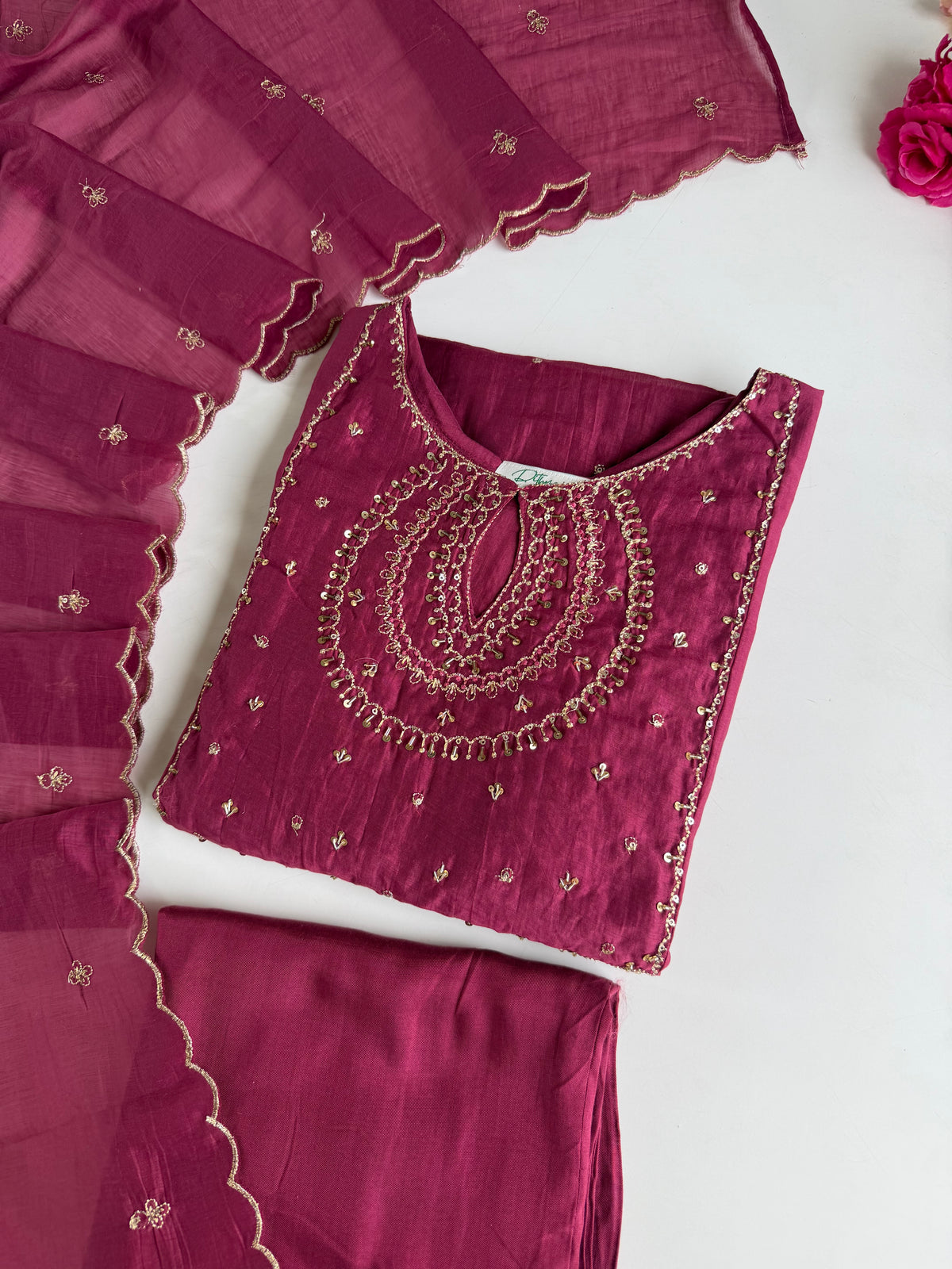 K446 - Surat Mul chanderi handwork aline Kurti with pants and dupatta in 2 colours