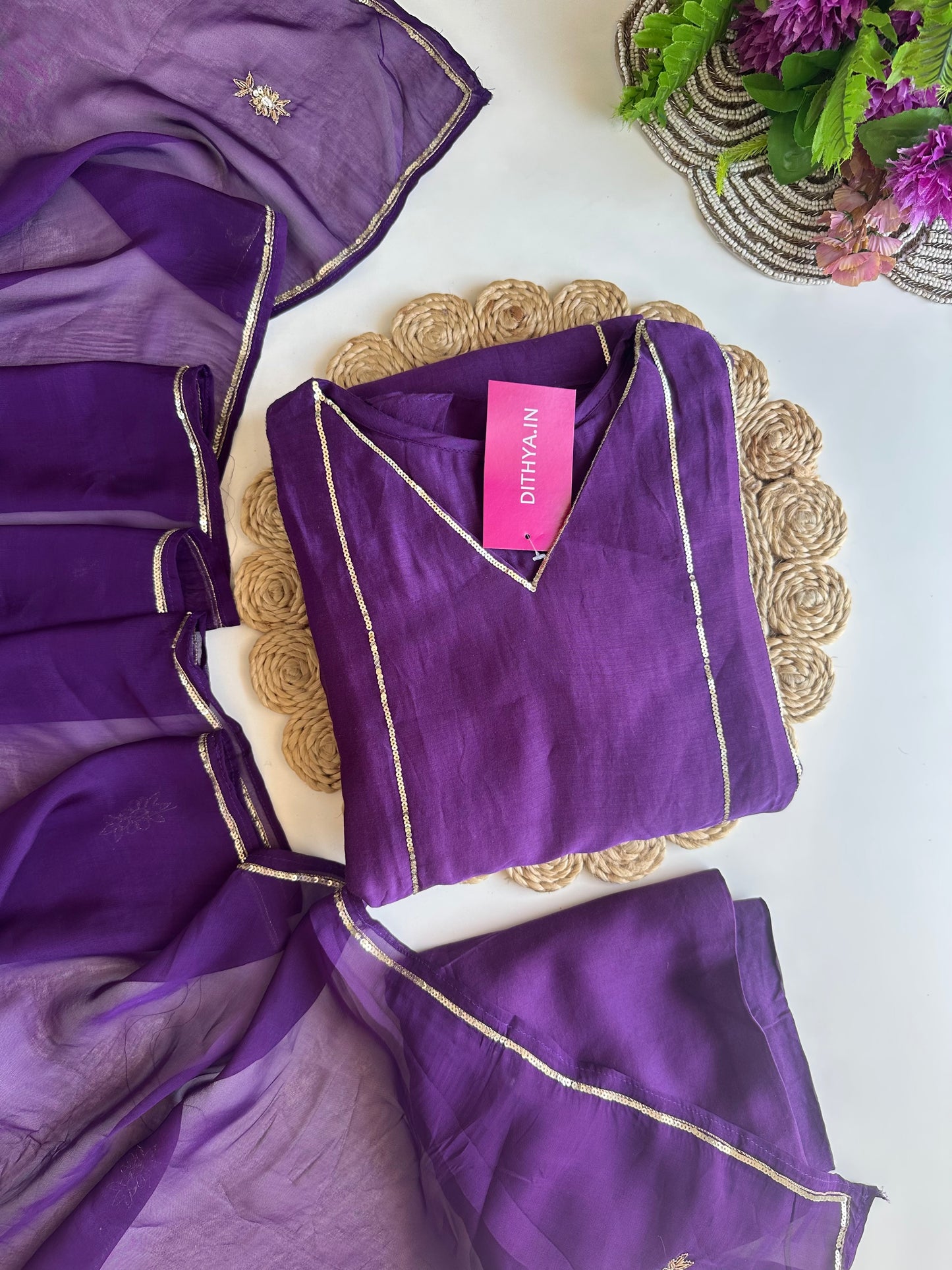 K070 - Mul Chanderi handwork Aline Kurti with pants and dupatta