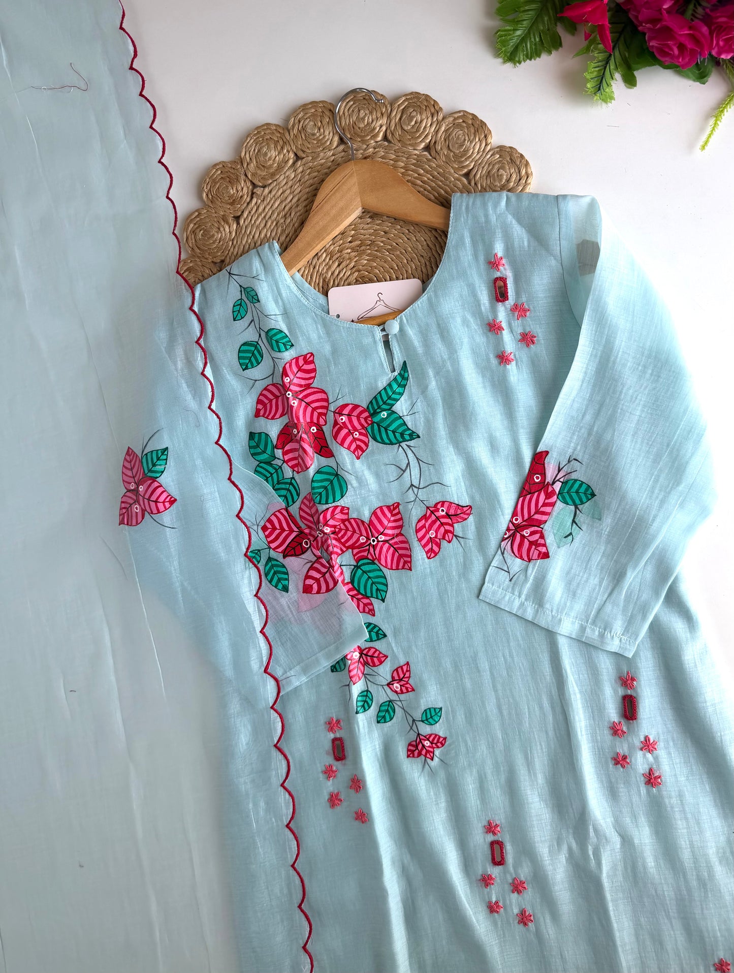K611 - Mul chanderi hand painted & embroidered straight Kurti with pants and dupatta