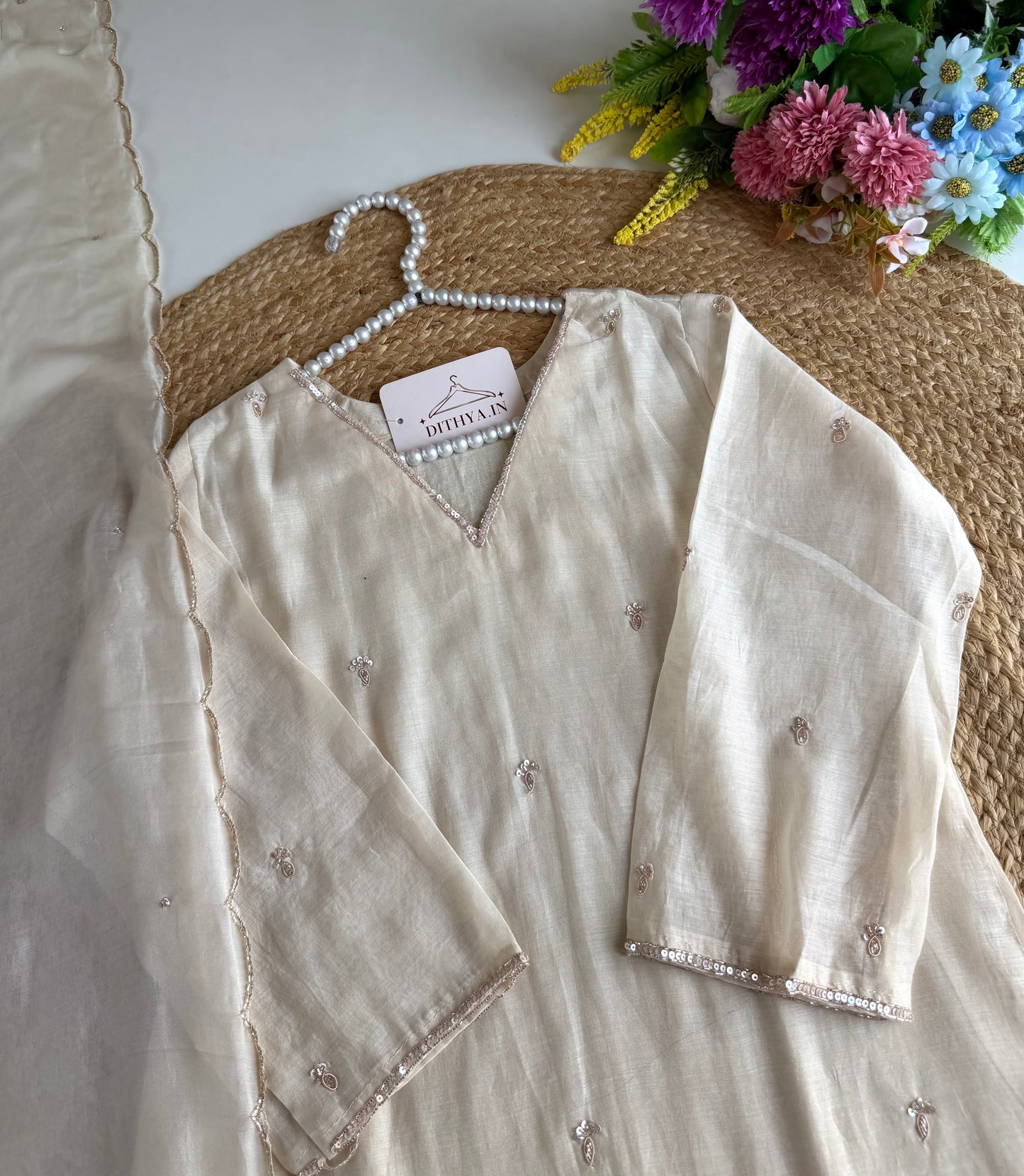 K140 - Mul chanderi handwork Aline Kurti with pants and dupatta