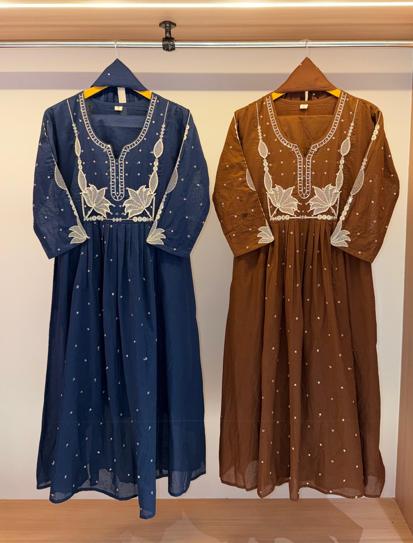K126 - Mul cotton embroidered Anarkali with pants and dupatta in 2 colours