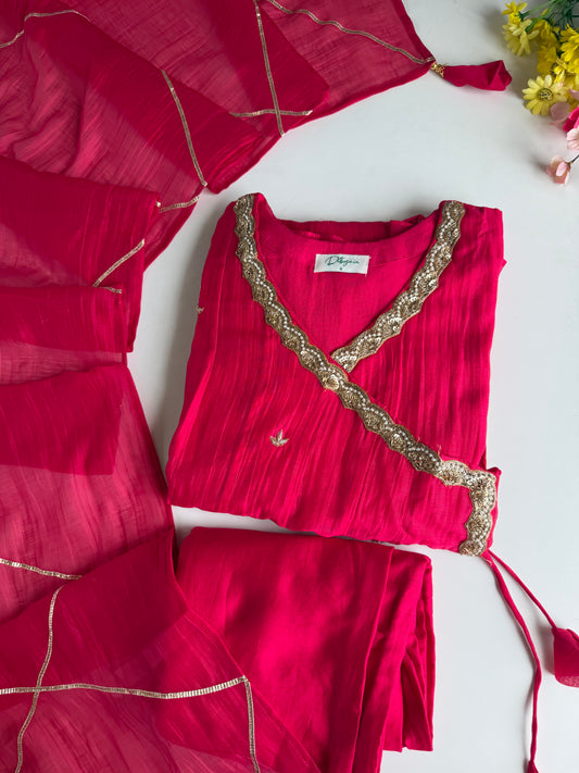 K307 - Pure Banarasi Mul chanderi angrakha embroidered with pants and dupatta
