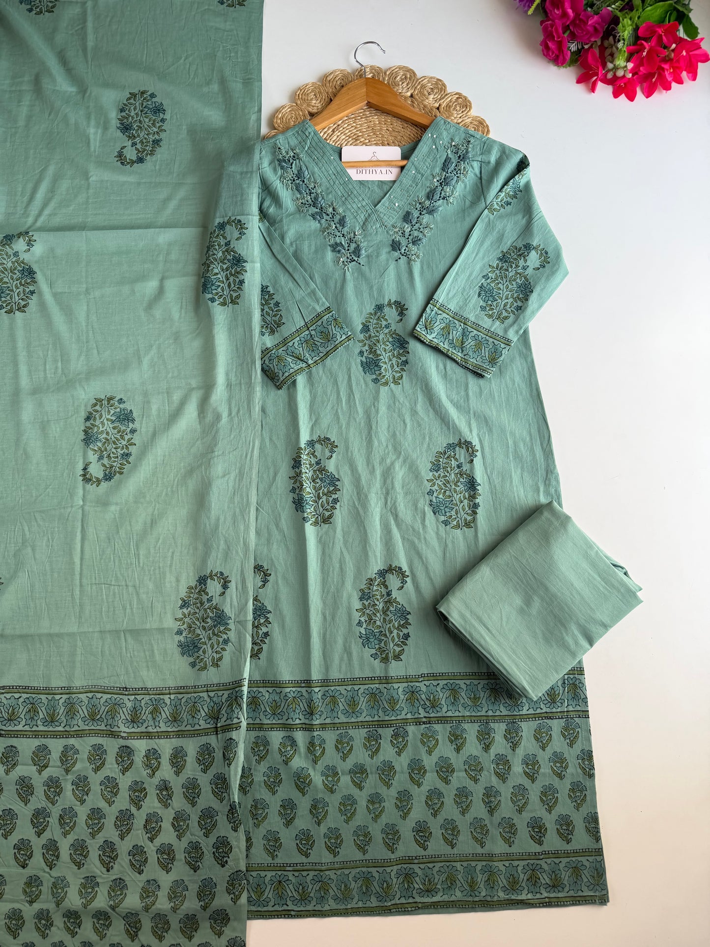 K712 - Mul cotton embroidered straight Kurti with pants and dupatta