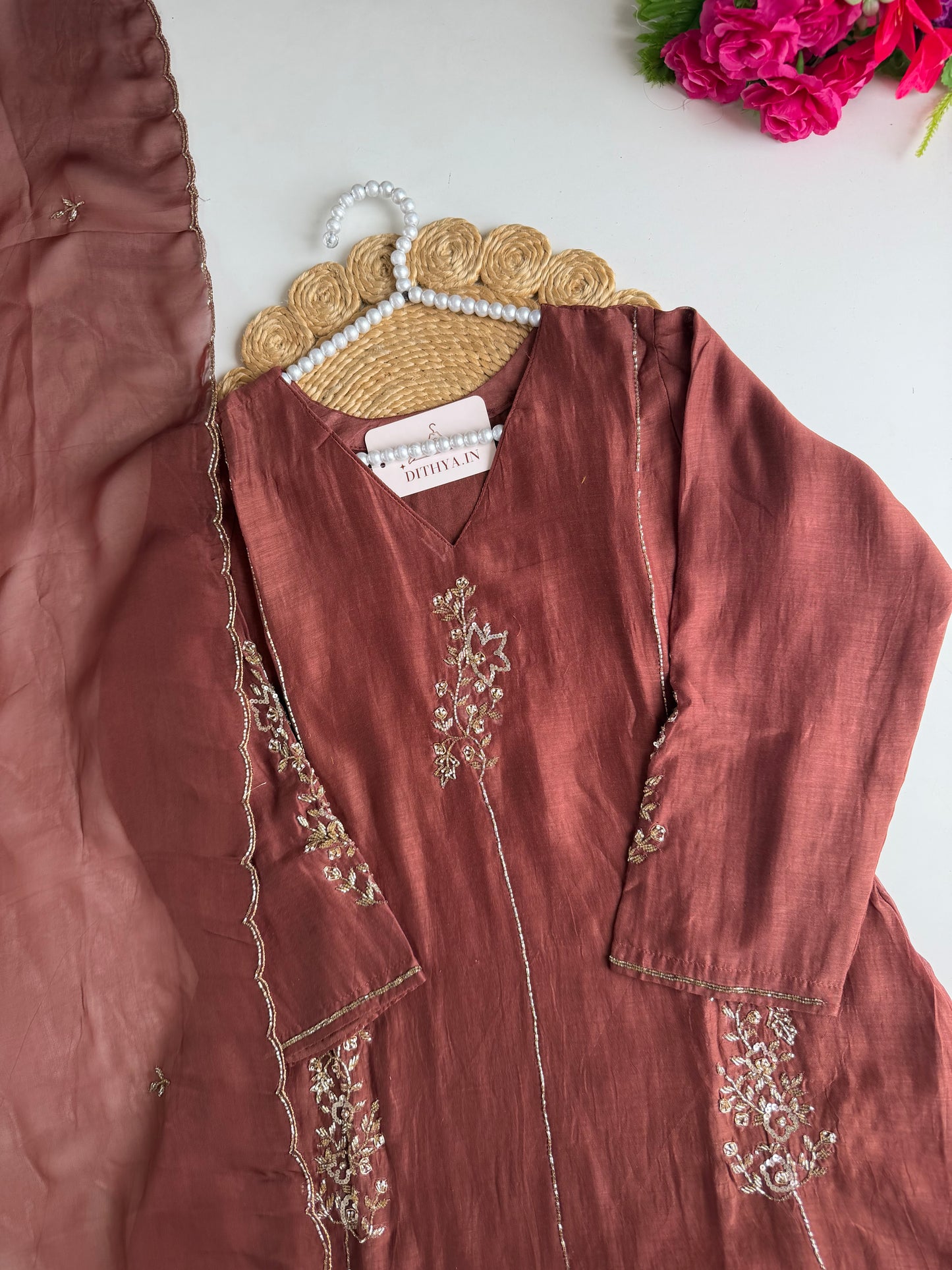 K582 - Mul chanderi handwork aline Kurti with pants and dupatta