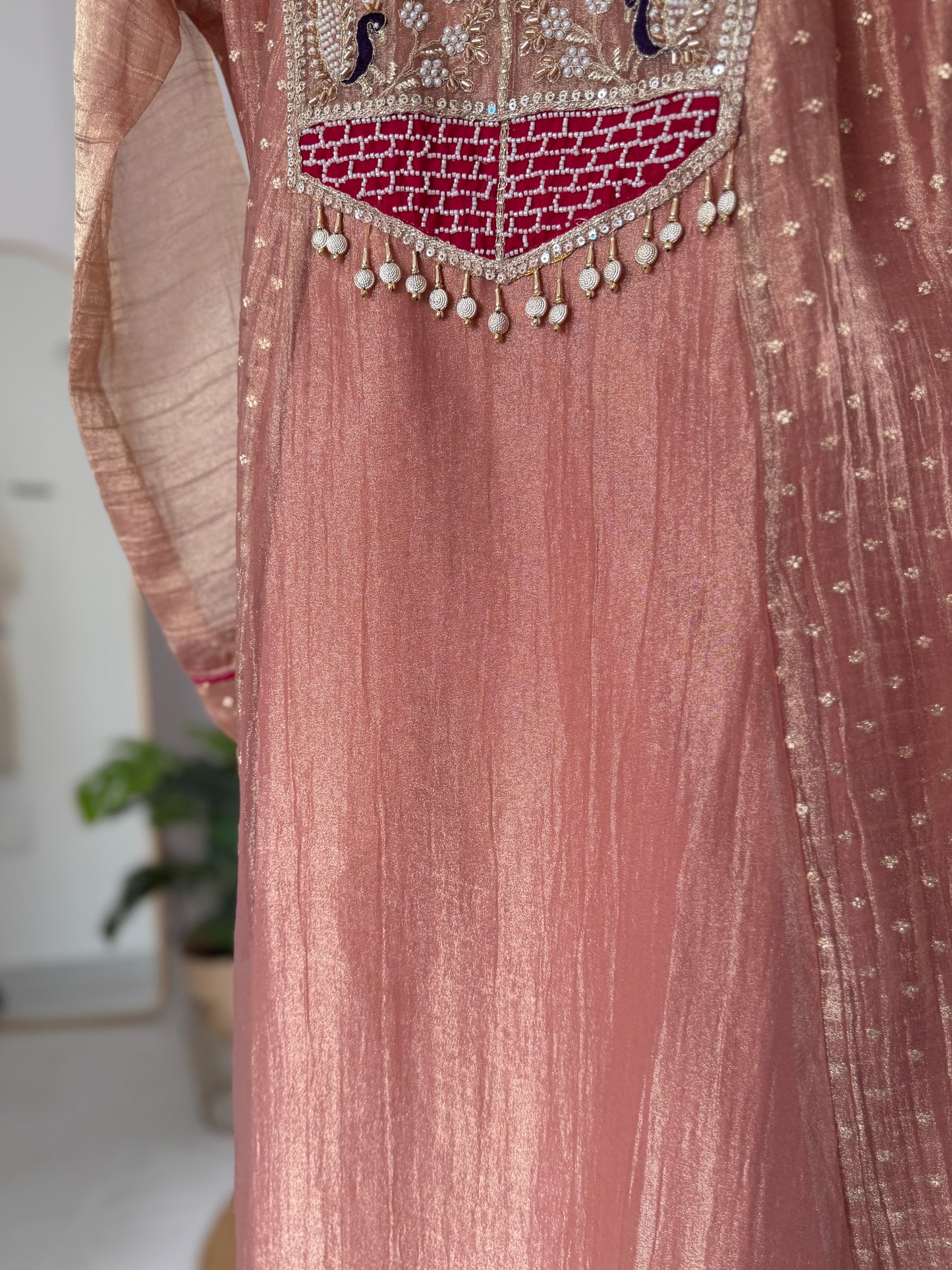 K542 - Tissue silk handwork Anarkali with pants and dupatta in 2 colours
