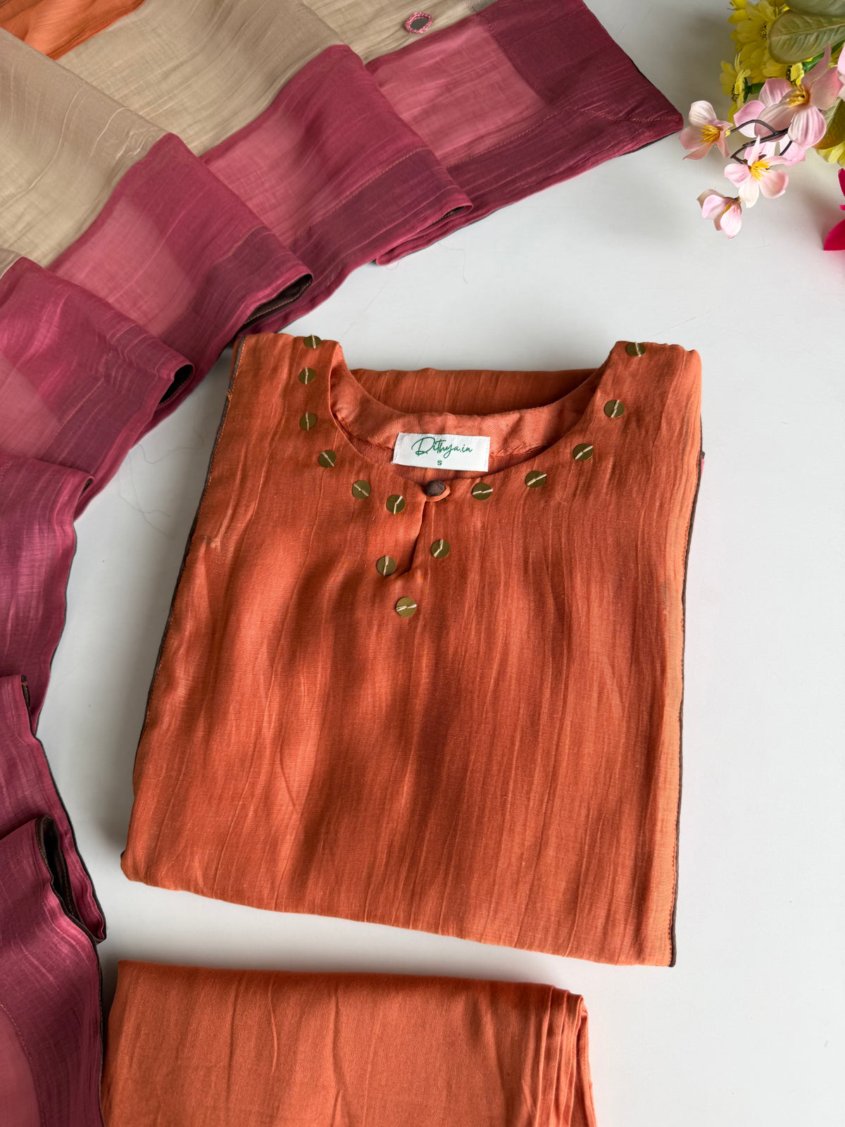 K730 - Mul chanderi multicolour coin work Aline Kurti with pants and dupatta