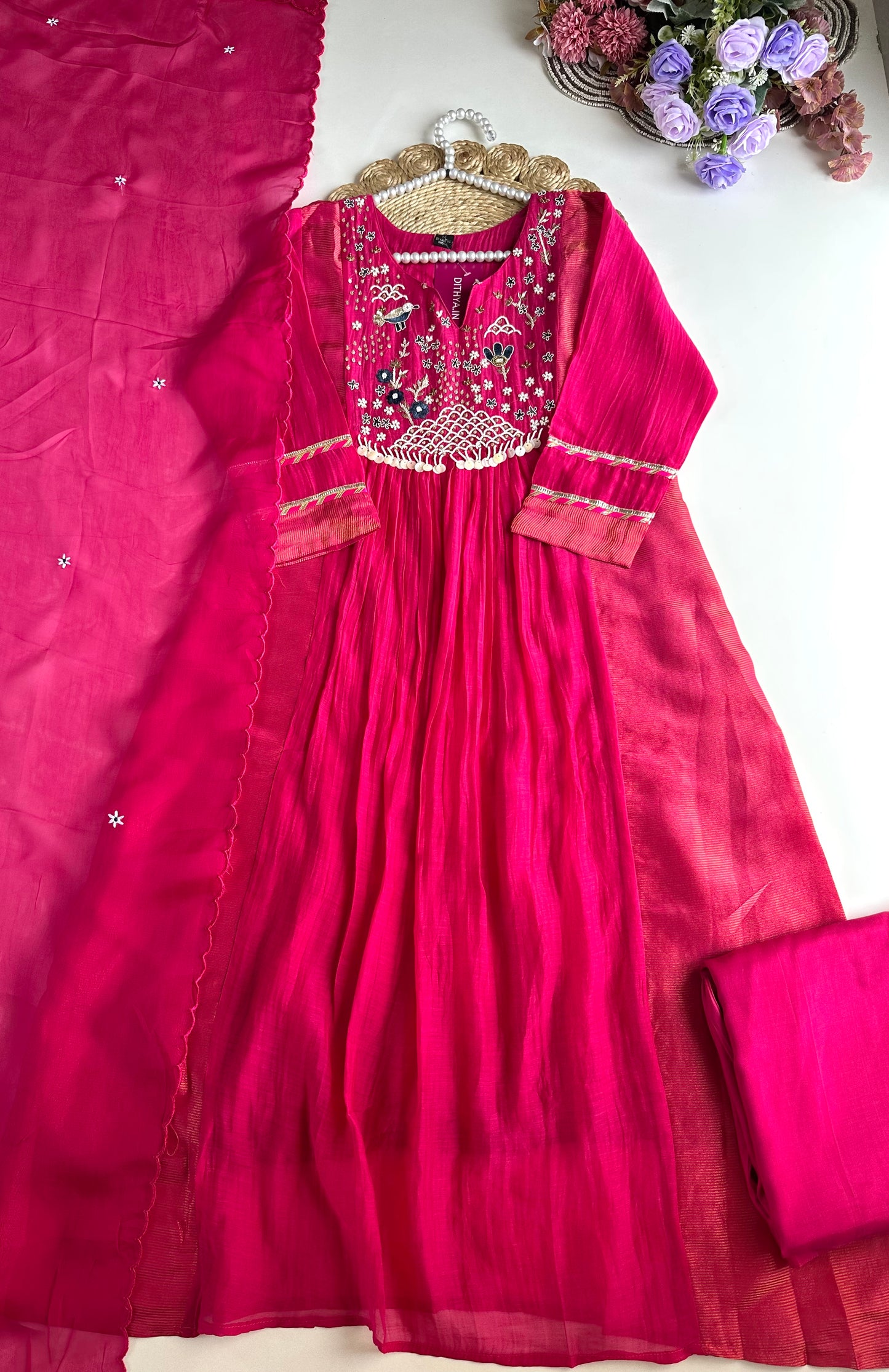 K128 - Mul Chanderi Handwork Anarkali with pants and dupatta