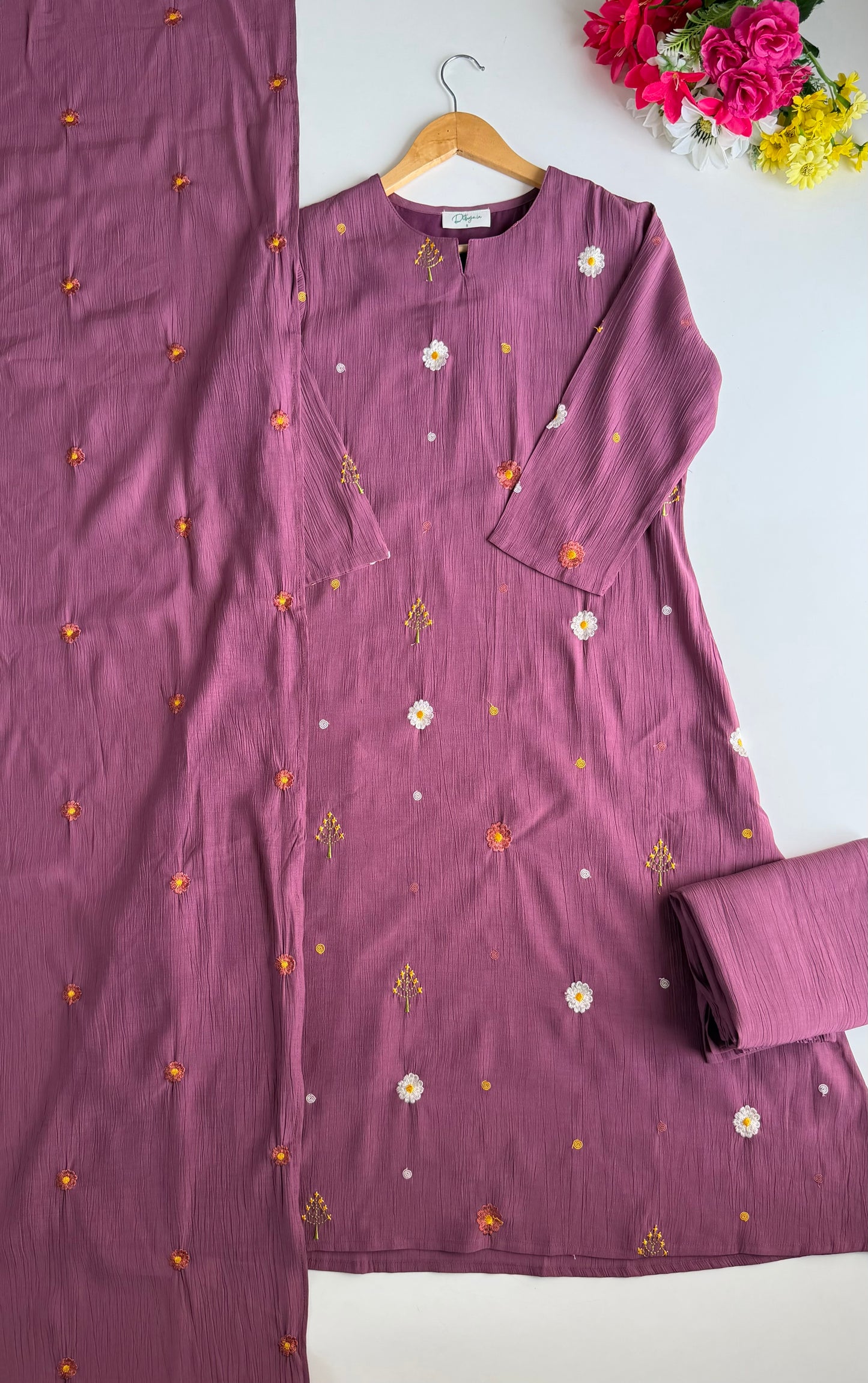 K445 - Imported crush cotton embroidered Aline Kurti with pants and dupatta