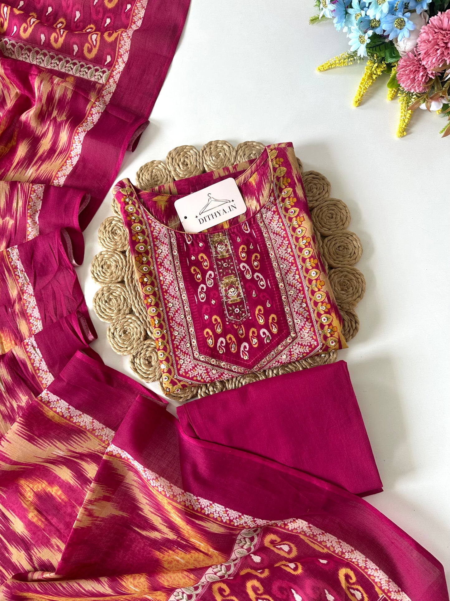 K701 - Mul cotton embroidered straight Kurti with pants and dupatta