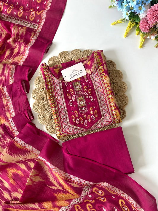 K701 - Mul cotton embroidered straight Kurti with pants and dupatta