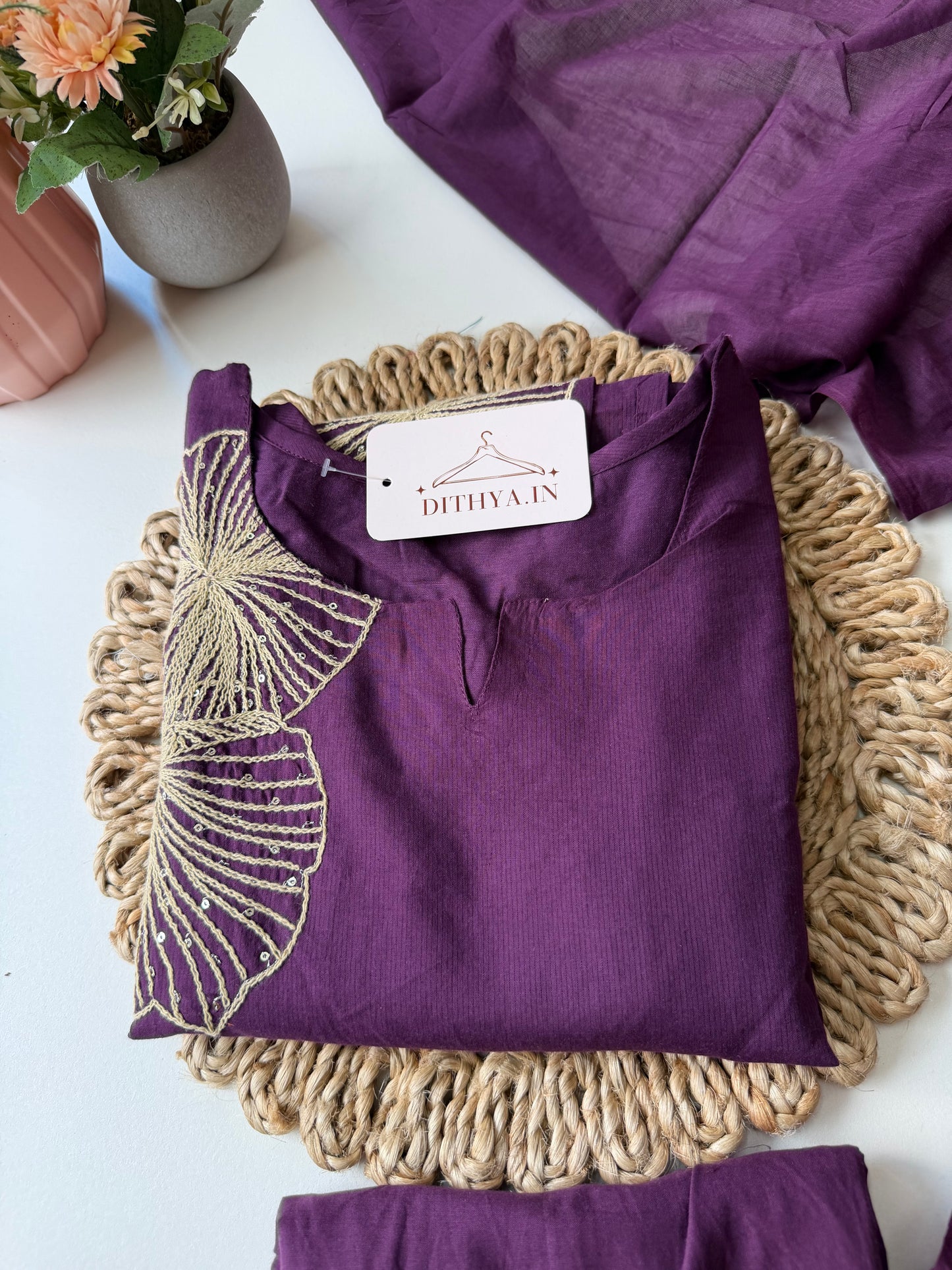 K582 - Cotton embroidery straight Kurti with pants and dupatta