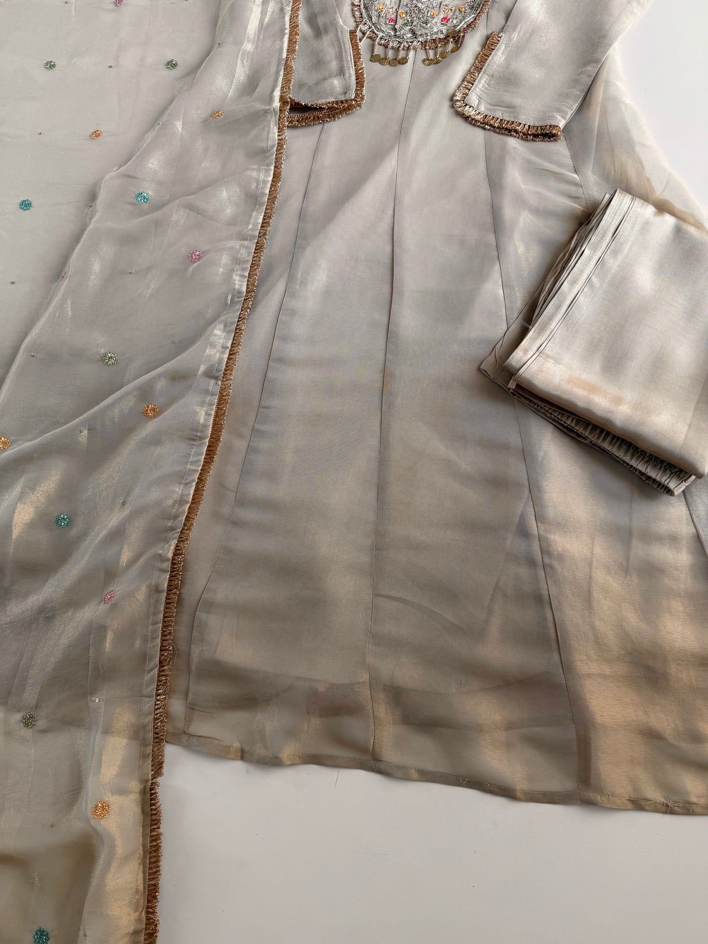 K607 - Tissue silk handwork aline Kurti with pants and dupatta