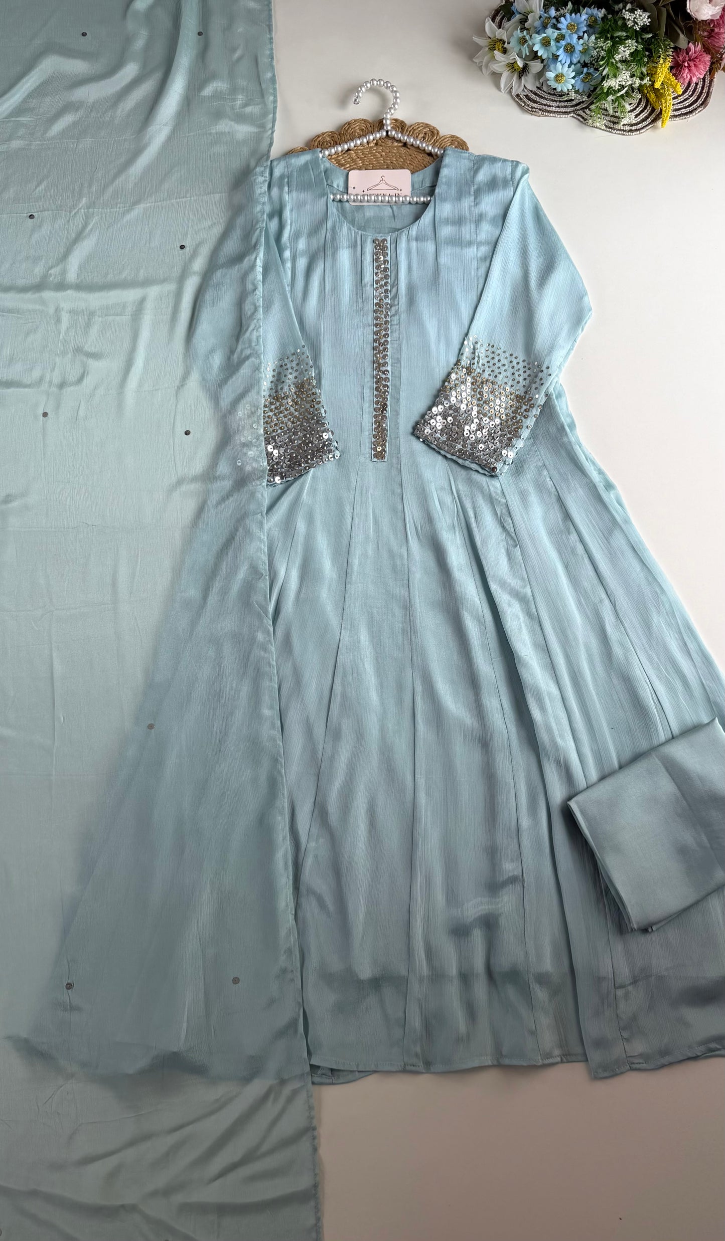 K237 - Pure Chinnon sequins Anarkali with pants and dupatta