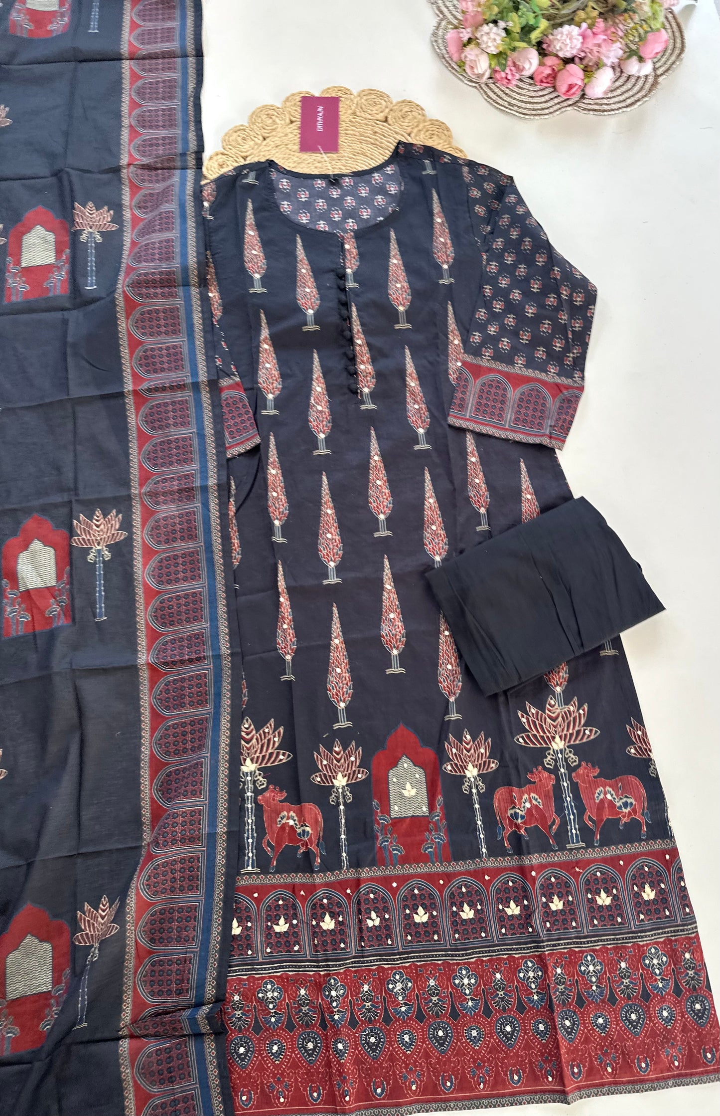 K007 - Mul cotton straight Kurti with pants and dupatta in 2 colours