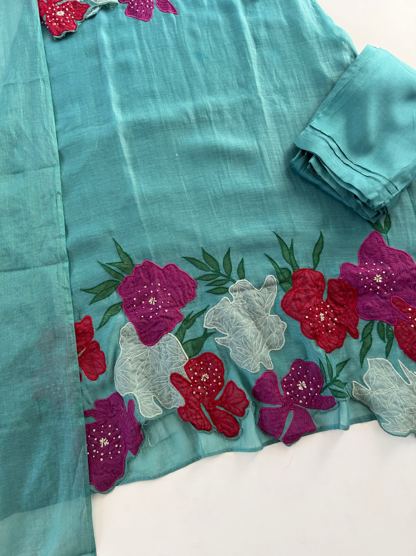 K251 - Mul chanderi appliqué work aline Kurti with pants and dupatta