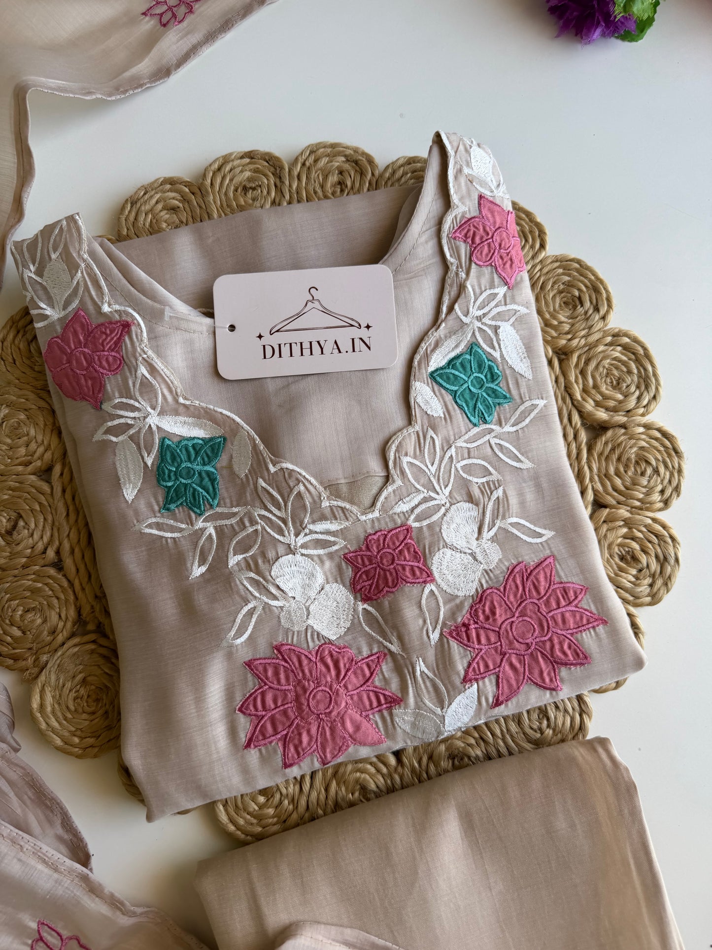 K577 - Surat mul chanderi appliqué work straight Kurti with pants and dupatta