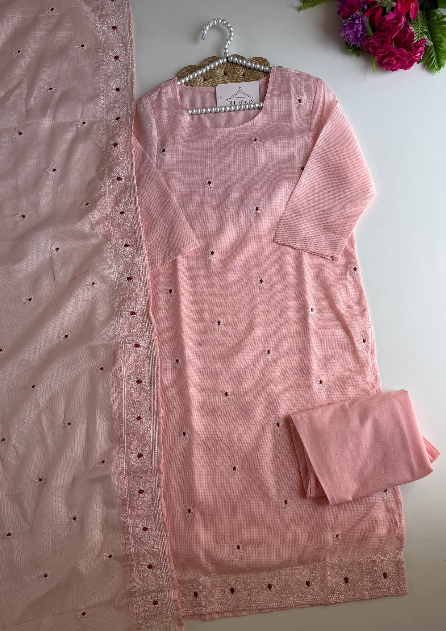 K545 - Kota doriya embroidered straight Kurti with pants and dupatta