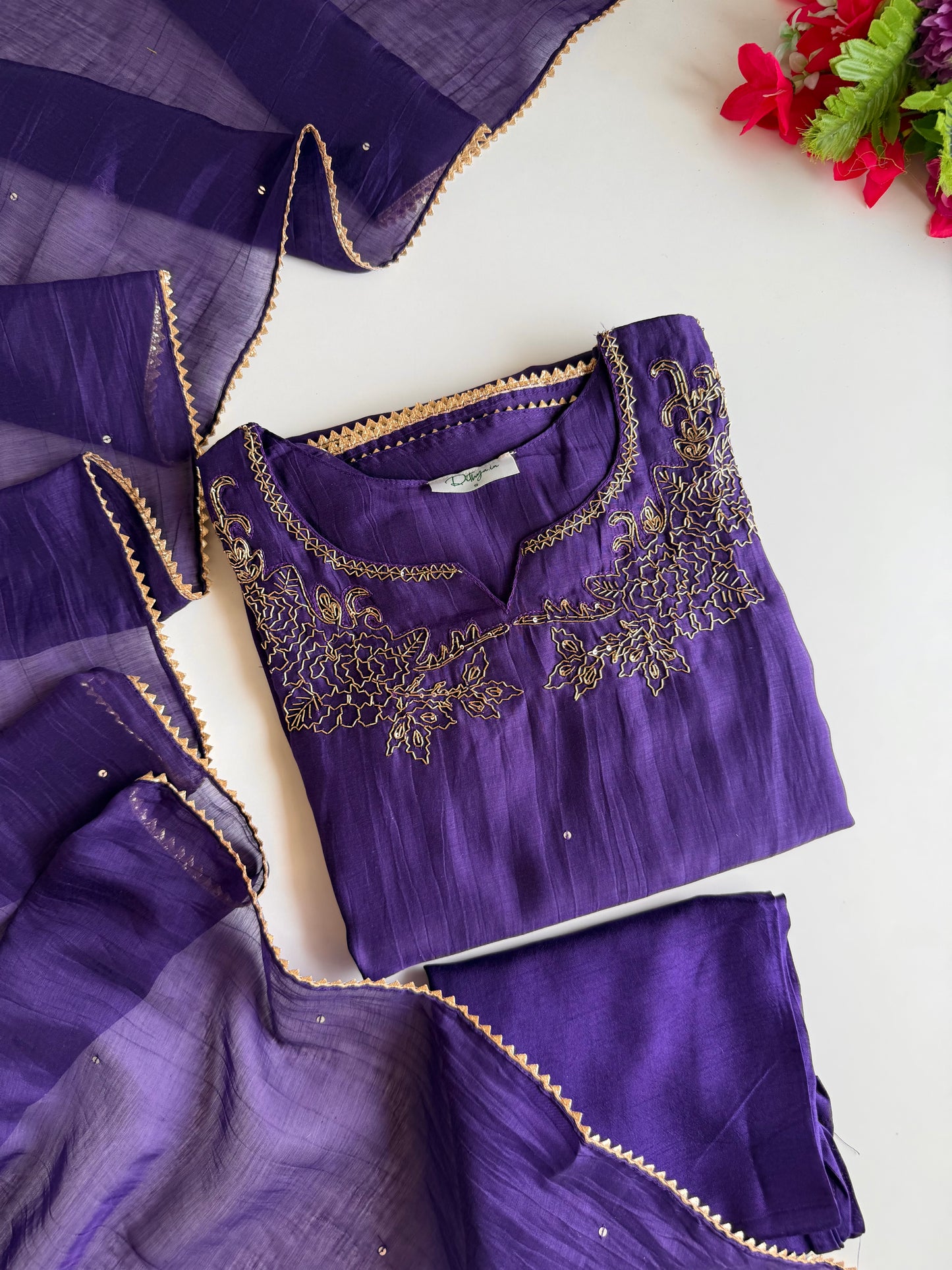 K553 - Mul chanderi handwork aline Kurti with pants and dupatta