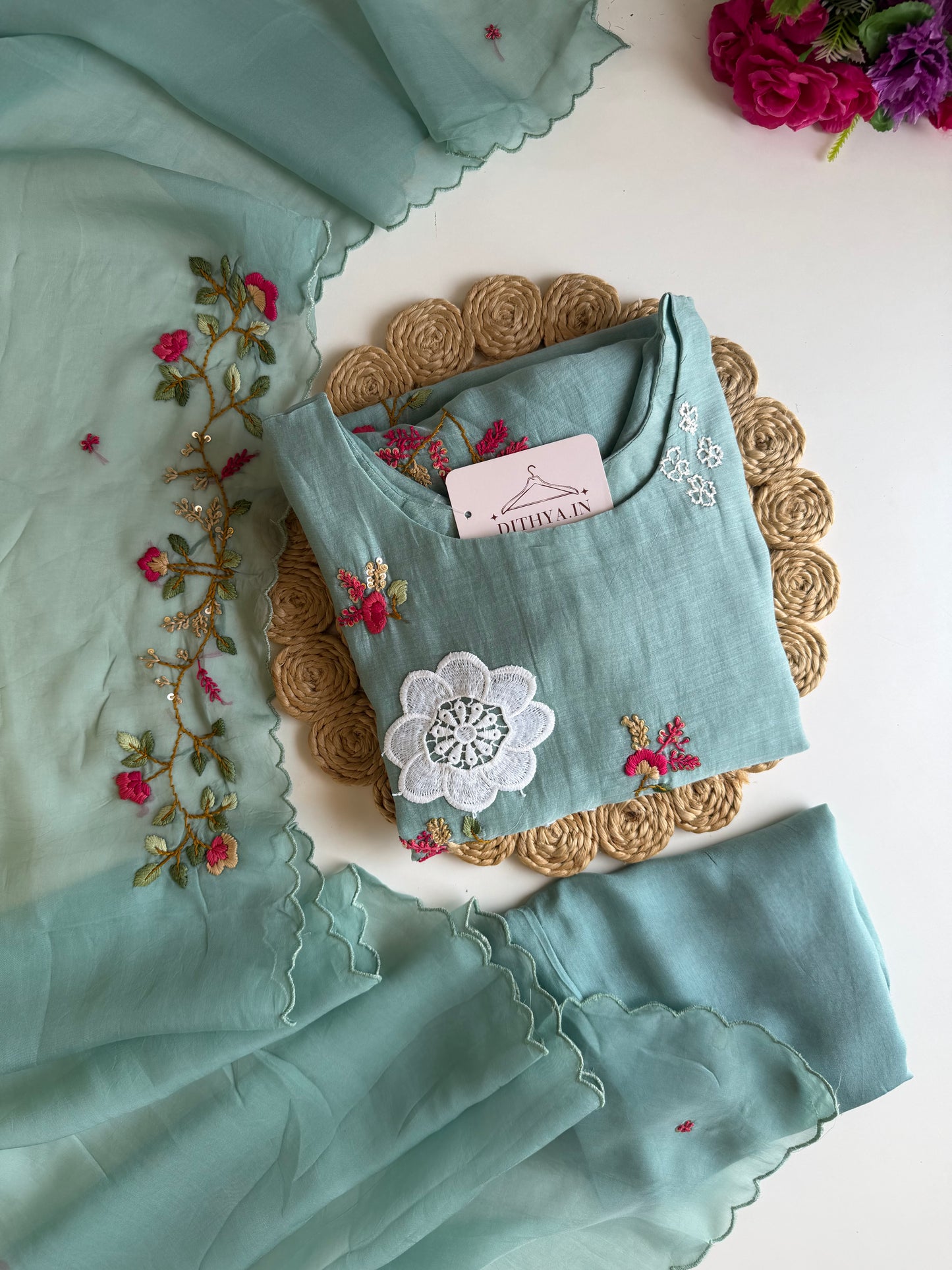 K411 - Mul chanderi appliqué embroidered Aline Kurti with pants and dupatta