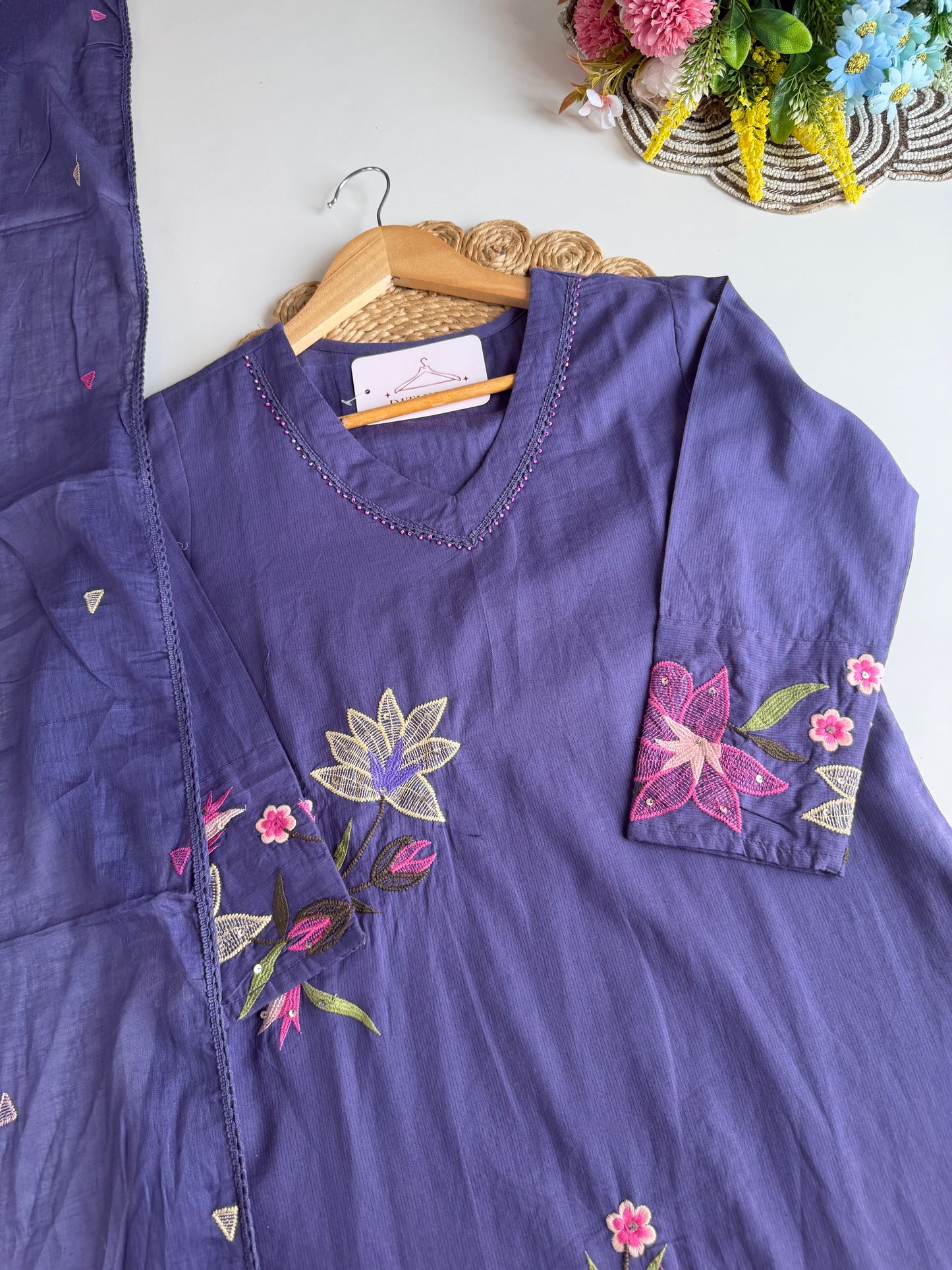 K688 - Mul cotton embroidered straight Kurti with pants and dupatta