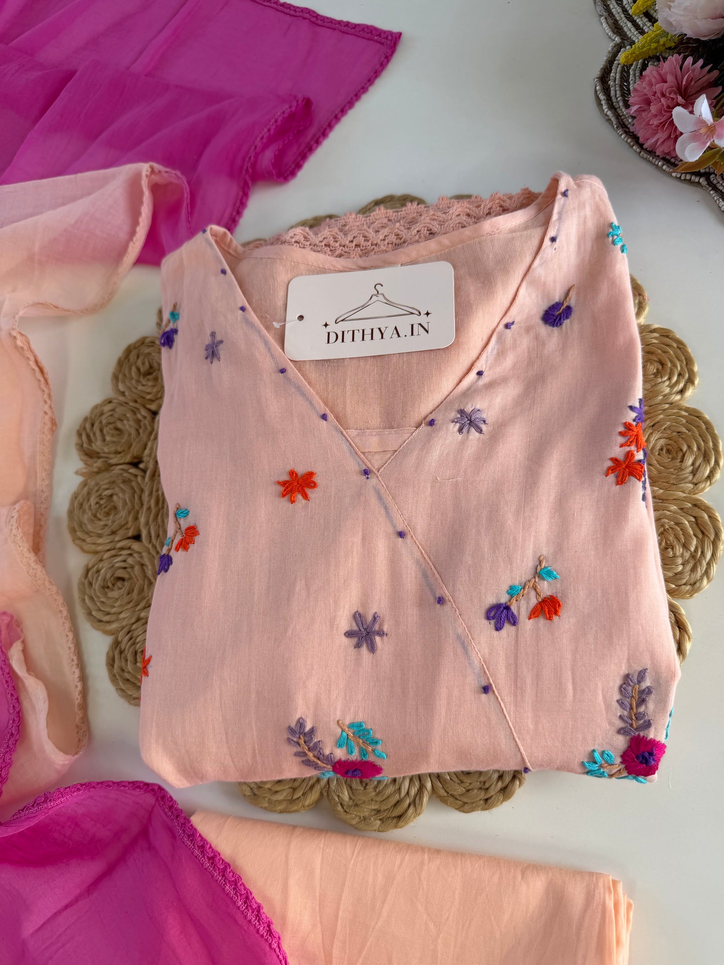 K633 - Mul cotton embroidered Anarkali with pants and dupatta