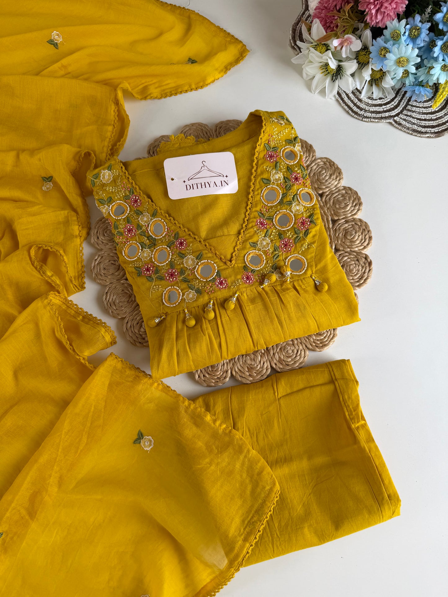 K631 - Mul cotton embroidered Aline Kurti with pants and dupatta