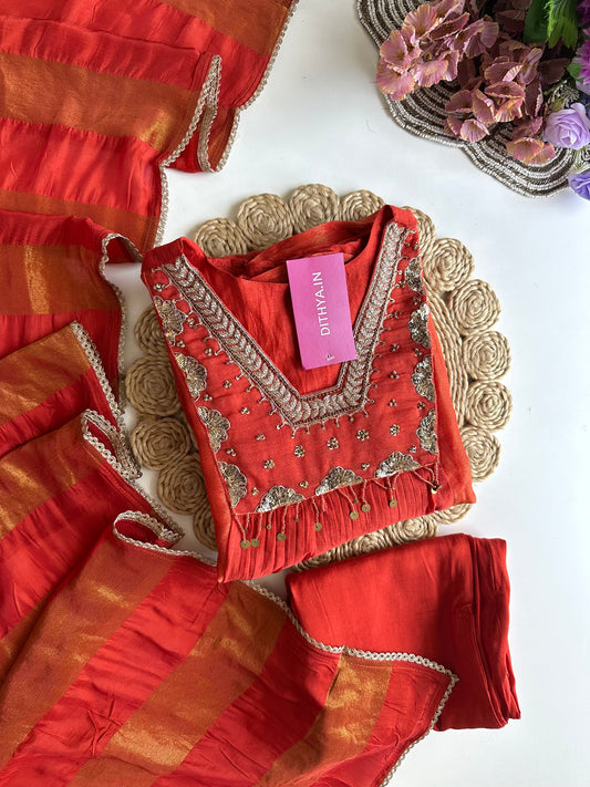 K405 - Mul Chanderi handwork Aline Kurti with pants and dupatta in 2 colours