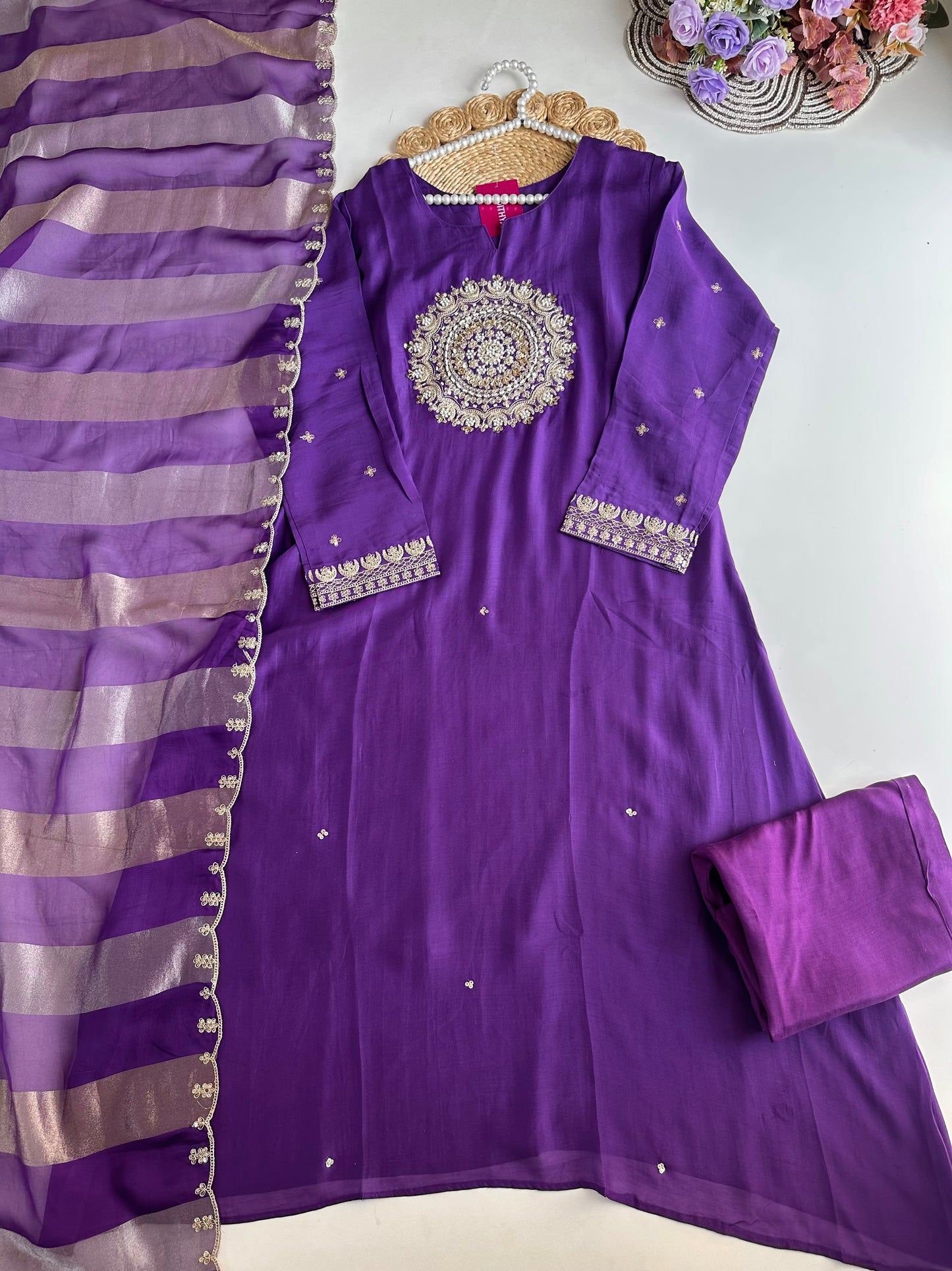 K115 - Russian silk handwork Aline Kurti with pants and dupatta