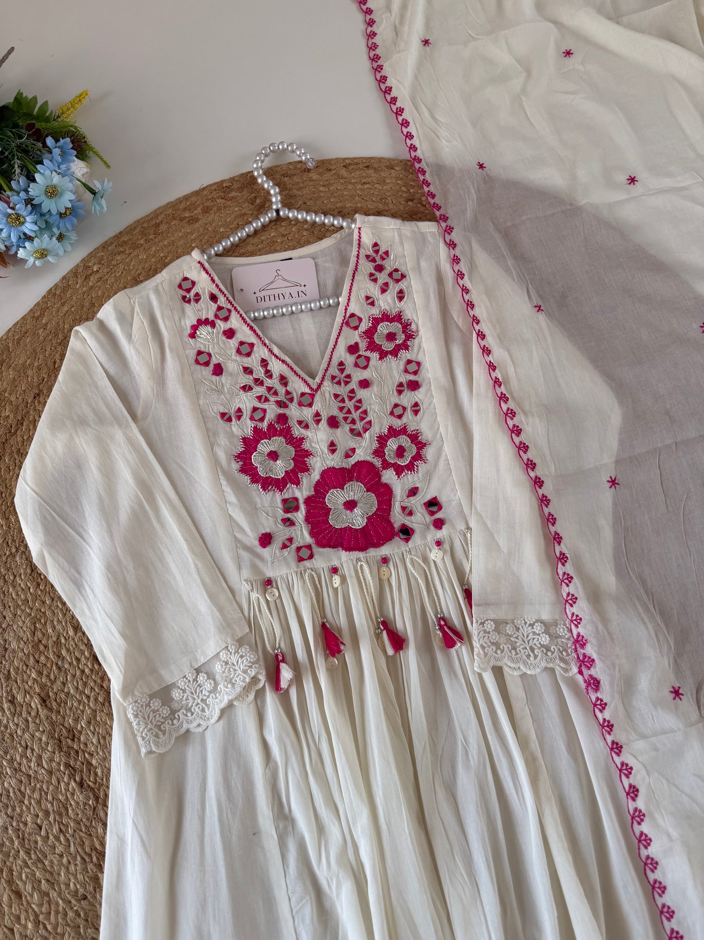 K591 - Mulmul cotton embroidered Anarkali with pants and dupatta