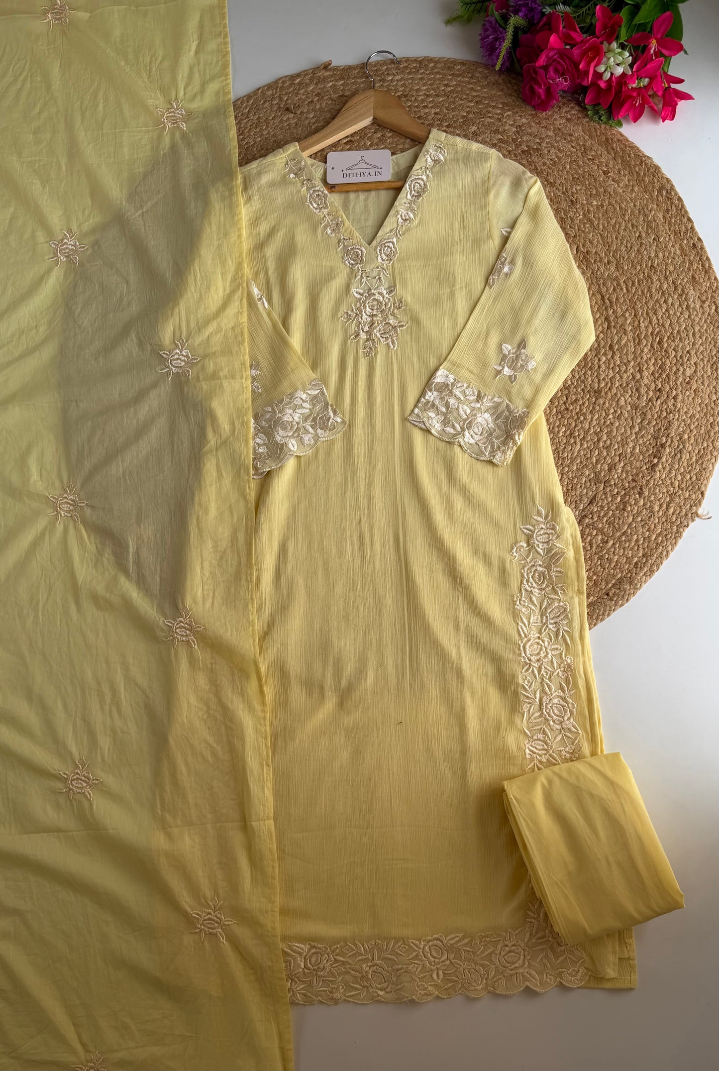 K205 - Crushed mul chanderi embroidered straight Kurti with pants and dupatta