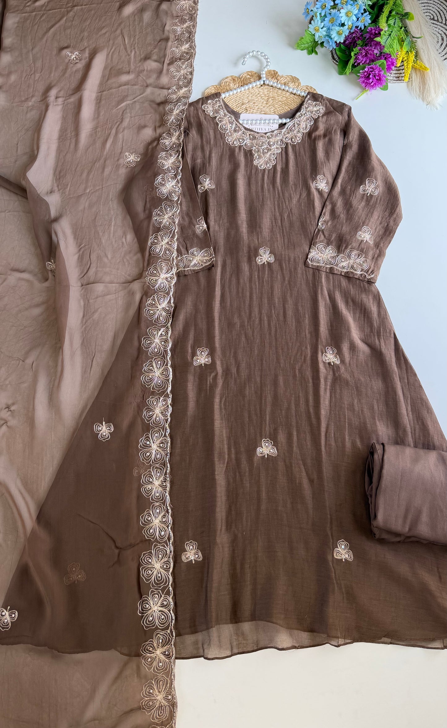 K304 - Mul chanderi zari work Aline Kurti with pants and dupatta