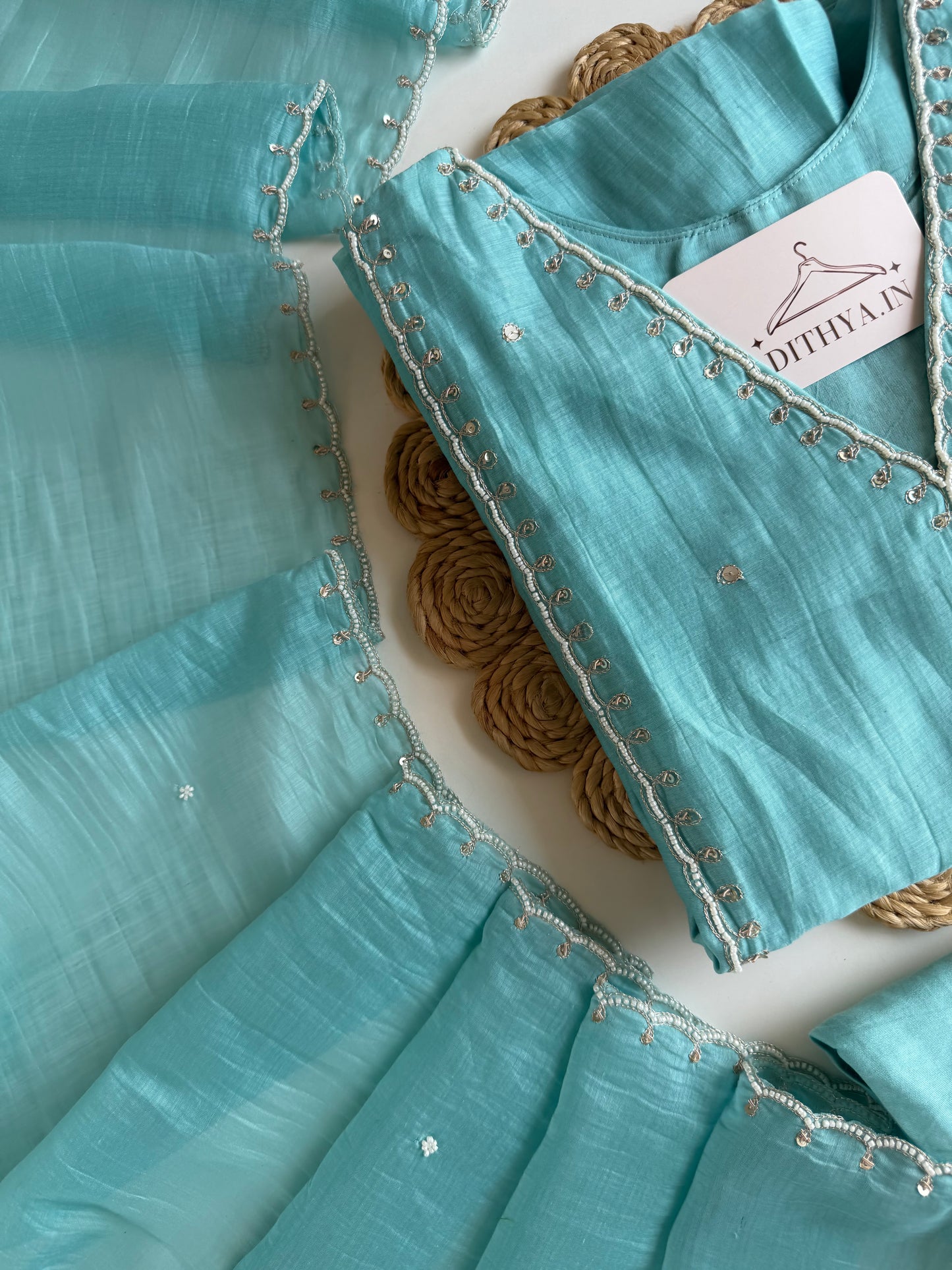 K011 - Mul chanderi pearl work aline Kurti with pants and dupatta